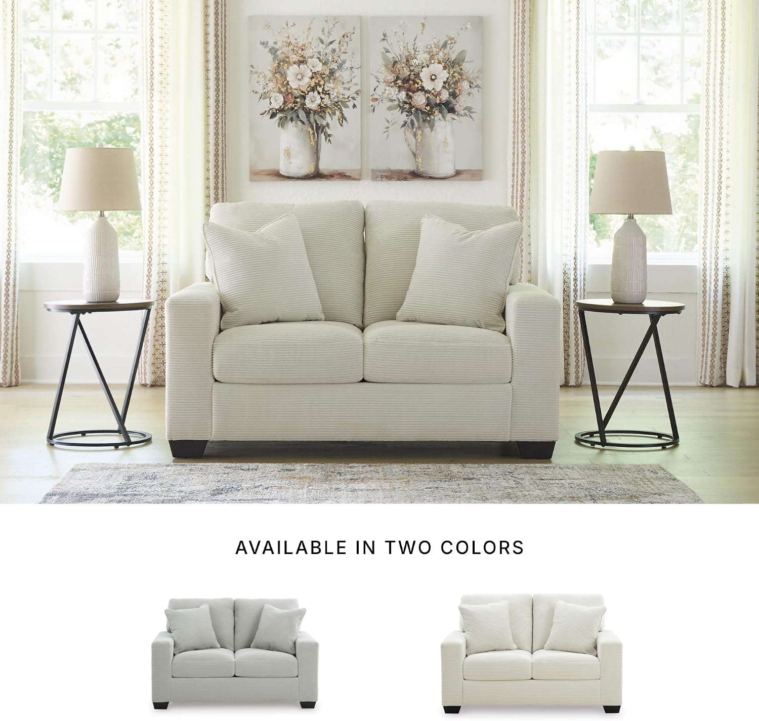 Signature Design by Ashley Ammon Casual Anti Sag Loveseat with Loose Seat Cushion and 2 Accent Pillows, White