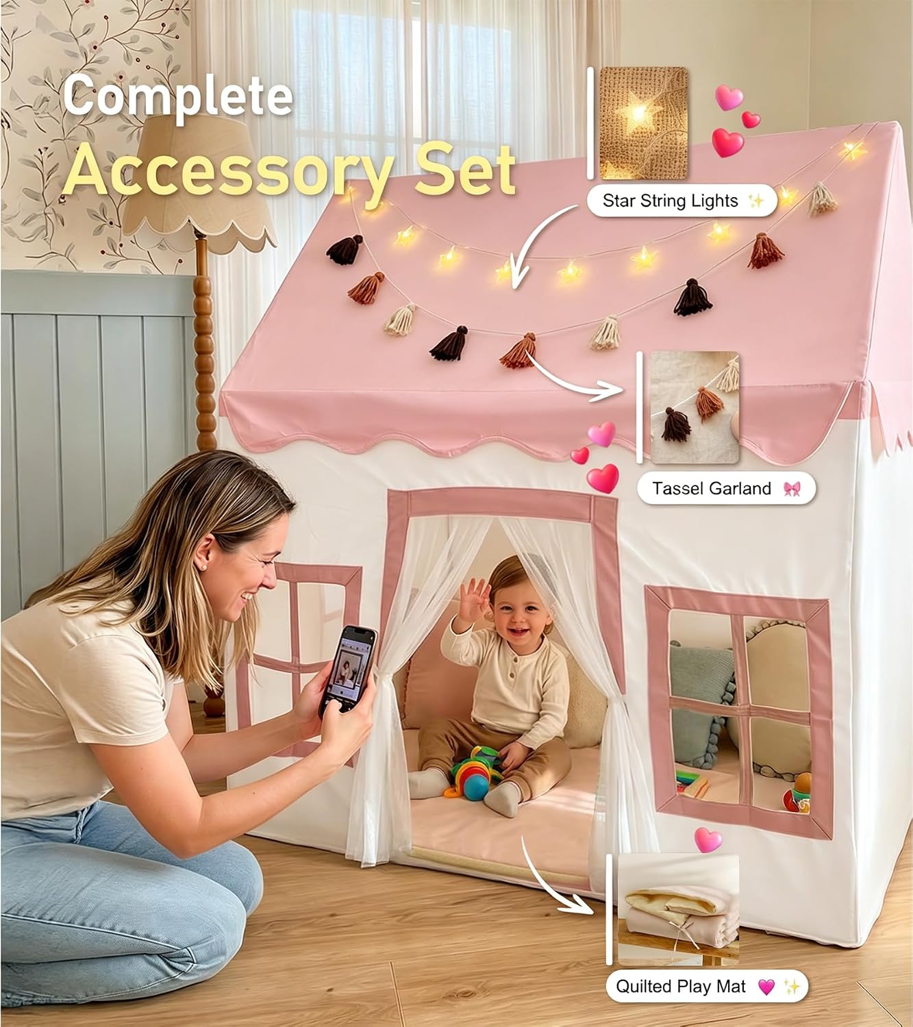 Large Kids Tent with mat, Star Lights, Tissue Garland, Play Tent Indoor & Outdoor, Kids Play Tent for Girl & Boy Aged 3+, Kids Tent for Toddler, 52" x35" x 52" Play House with Windows, Washable, Pink