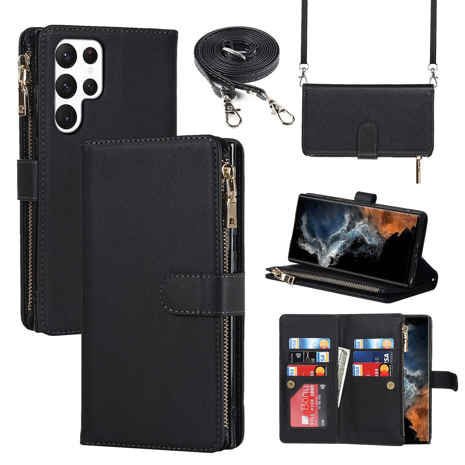 Cavor for Samsung Galaxy S22 Ultra Crossbody Wallet Case with Card Slots,Leather Magnetic Closure Zipper Pocket Case Kickstand Feature TPU Shockproof