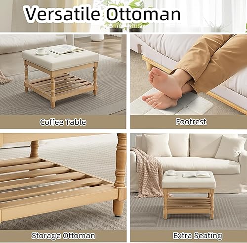 Miniatura 8 de UEV Juego de 3 mesas de café otomanas, juego de mesa de madera para sala de estar, incluye 2 mesas auxiliares tapizadas, mesita de noche, patas de