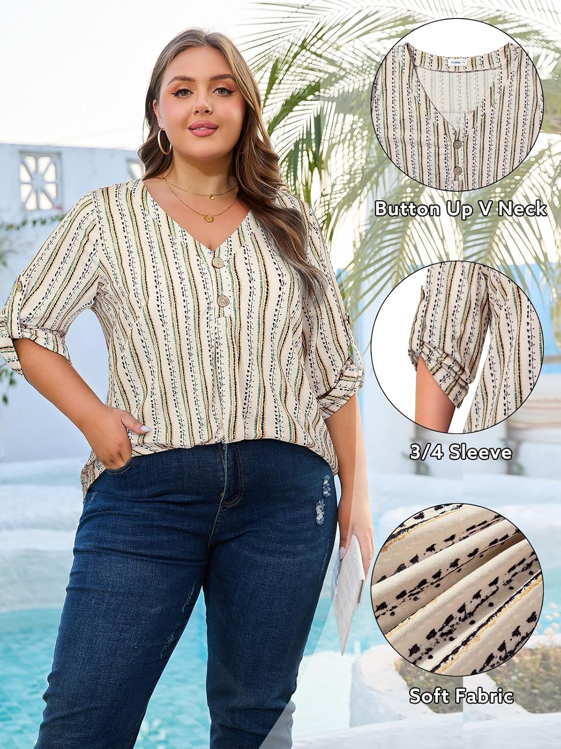 Siddhe Womens Plus Size Tops Button 3/4 Sleeve V Neck Blouses Dressy Casual Tunic Tops for Curvy Women Loose Fit XL-5XL - Image 5