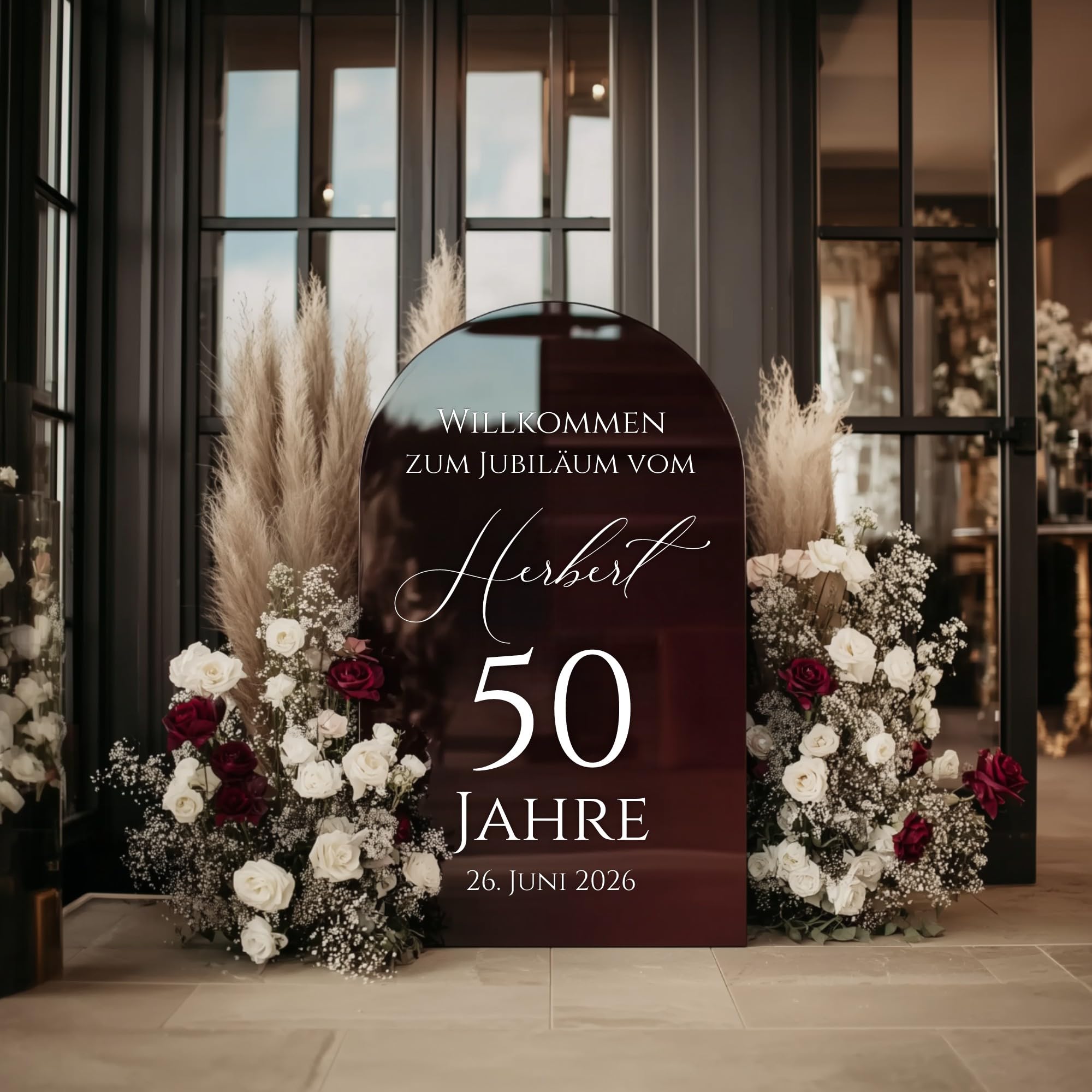 Willkommensschild Hochzeit personalisiert Acrylglas Burgunderrot Hochglanz – elegante Deko für Empfang, Party & Events – Made in Germany