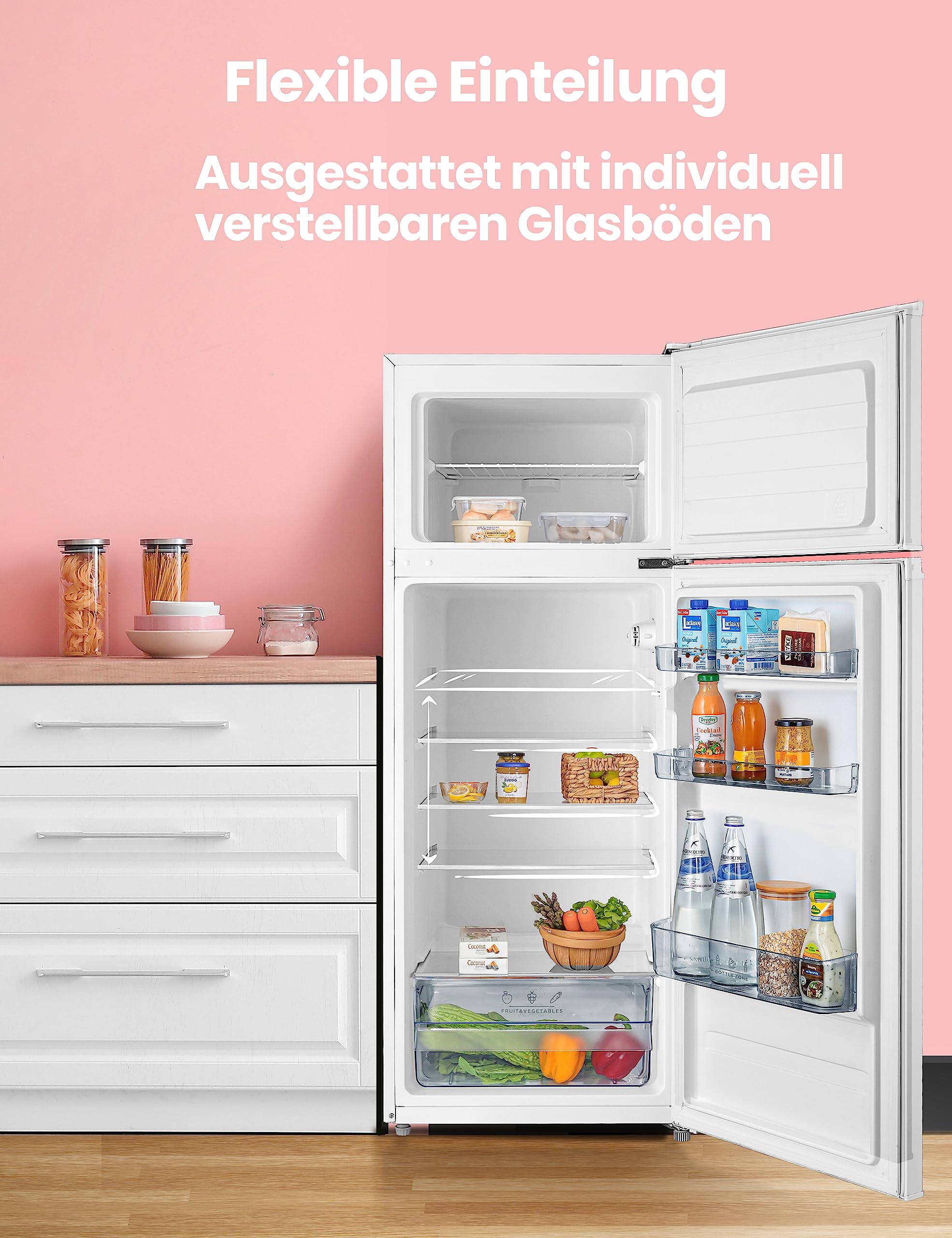 Comfee RCT284WH2A Kühl-/Gefrierkombination/Gefrierteil oben/176 kWh/Jahr/143cm Höhe/LED Licht/Reversibles Türscharnier/Weiß 204L – Bild 6