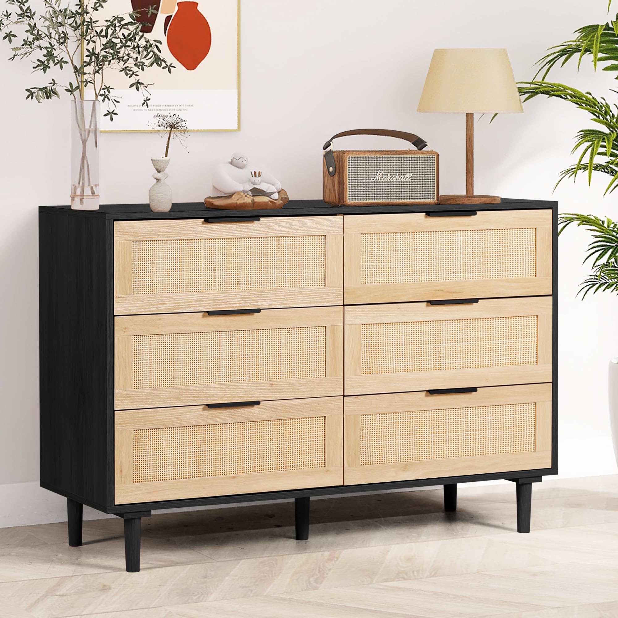 6 Drawer Dresser Rattan Dresser Modern Chest with Drawers,Wood Storage Closet Dressers Chest of Drawers for Bedroom,Living Room,Hallway (Black)