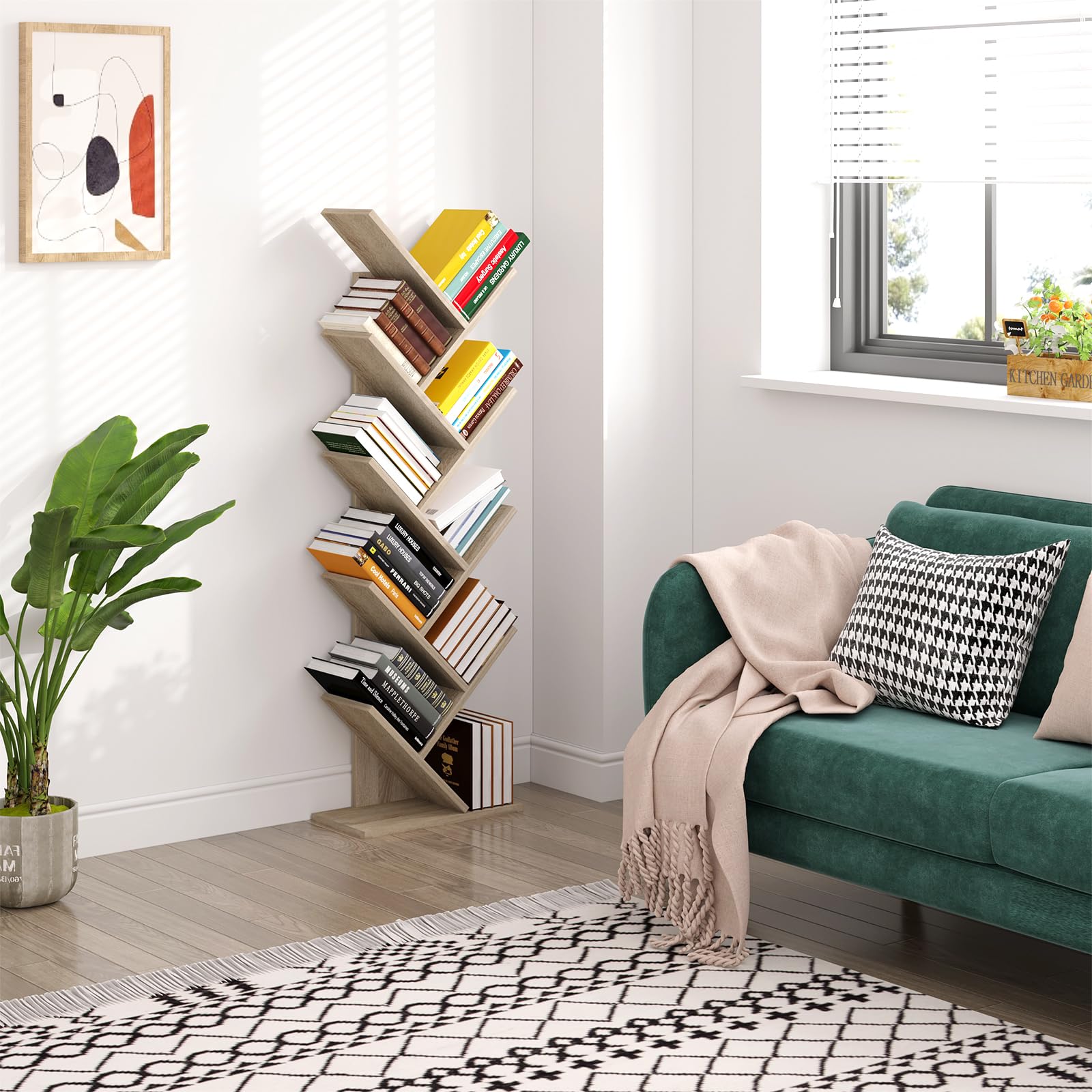 EUGAD Estantería para Libros Librería de Árbol de Almacenamiento de Oficina Estante Soporte de CD DVD con 8 Niveles, 40x20x127cm, Roble Claro