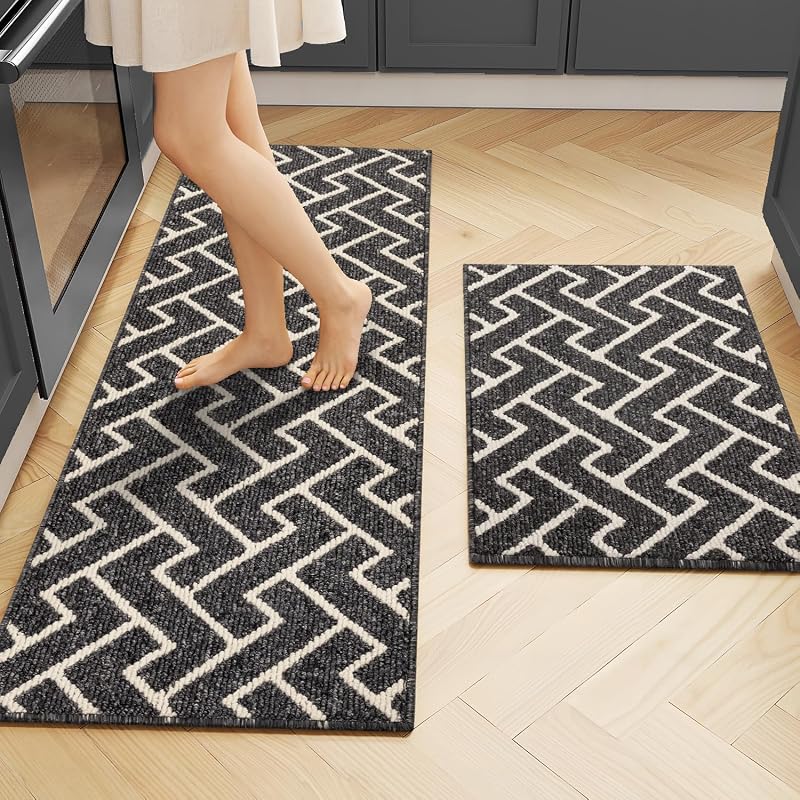 hicorfe Kitchen Runner Rug,Set of 2 Non Slip Kitchen Mats for Floor,Comfort Washabe Kitchen Rugs Carpet for Hallways Entryway Laundry Room(20"x32"+20"x48",Black)