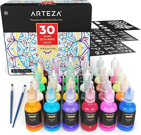 Amazon Com Arteza 3d Permanent Fabric Paint Set Of 30 Individual Colors Include Neon Fluorescent For Textile Fabric T Shirt Canvas Wood Ceramic Glass Home Improvement