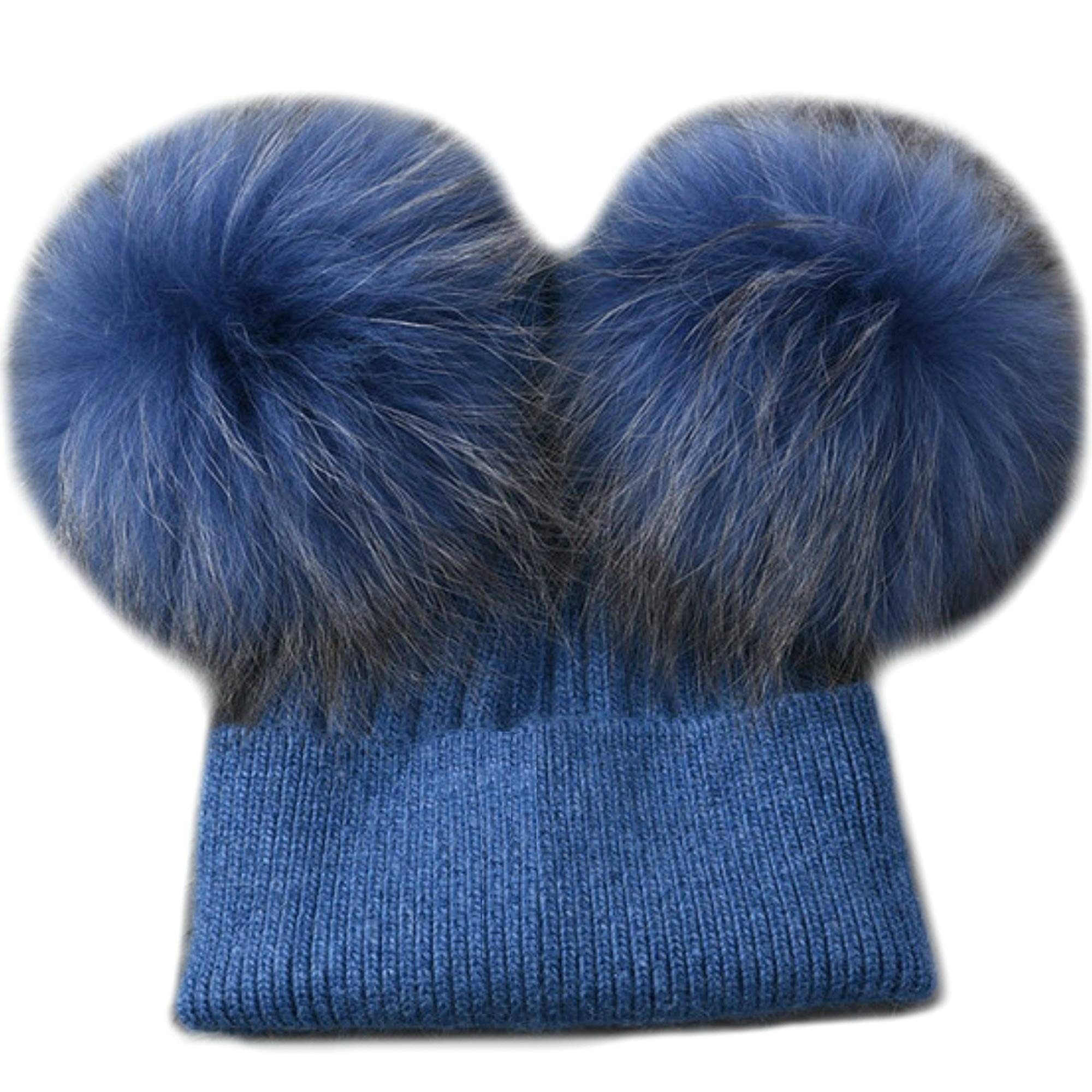 Gorro de cachemira de piel auténtica con doble pompón, para mujer, de invierno, para mujer ROYAL BLUE Talla única