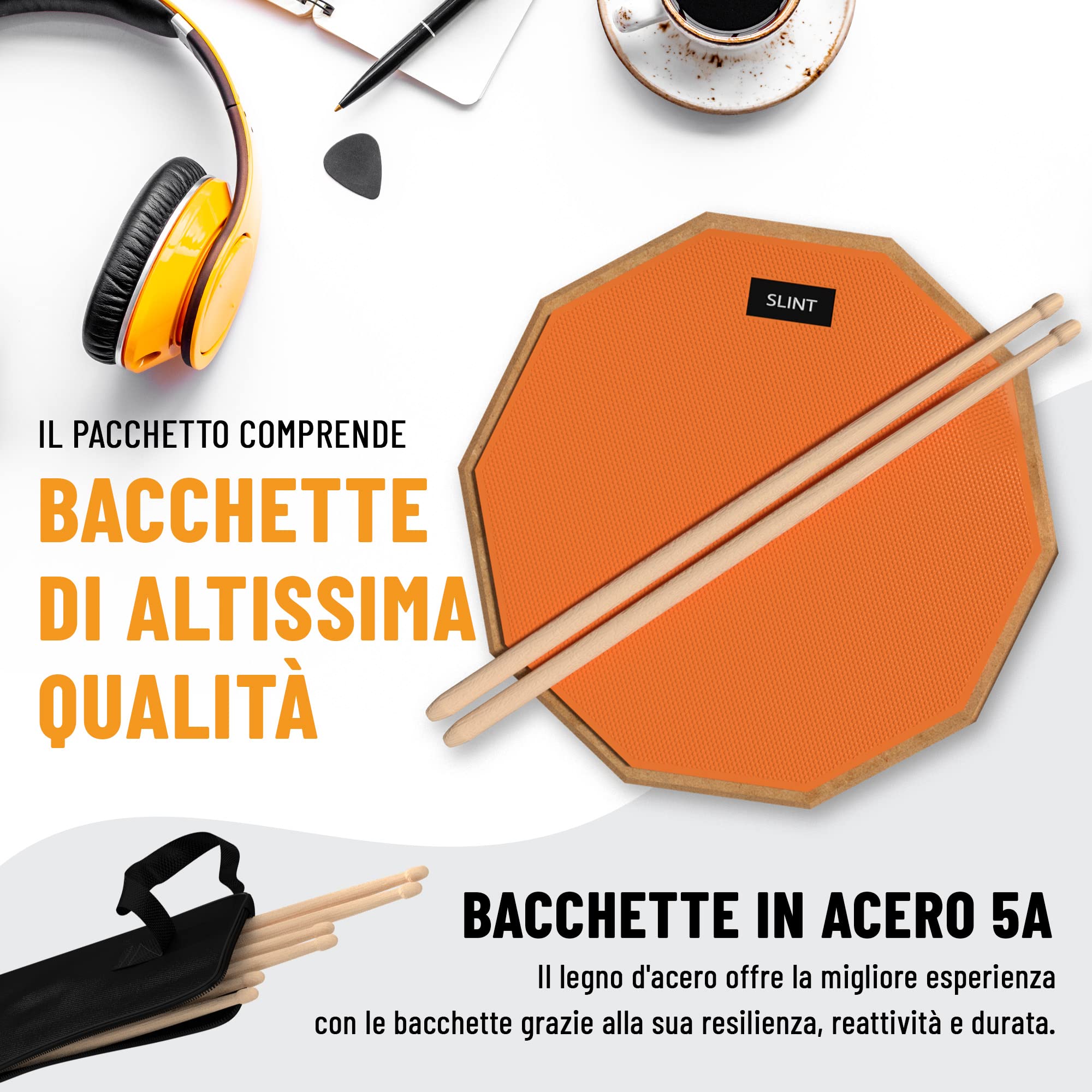 Slint - Kit Double-Sided Silent Drum Pad con due superfici diverse - 30cm e 10cm Snare - Set con supporto e bacchette