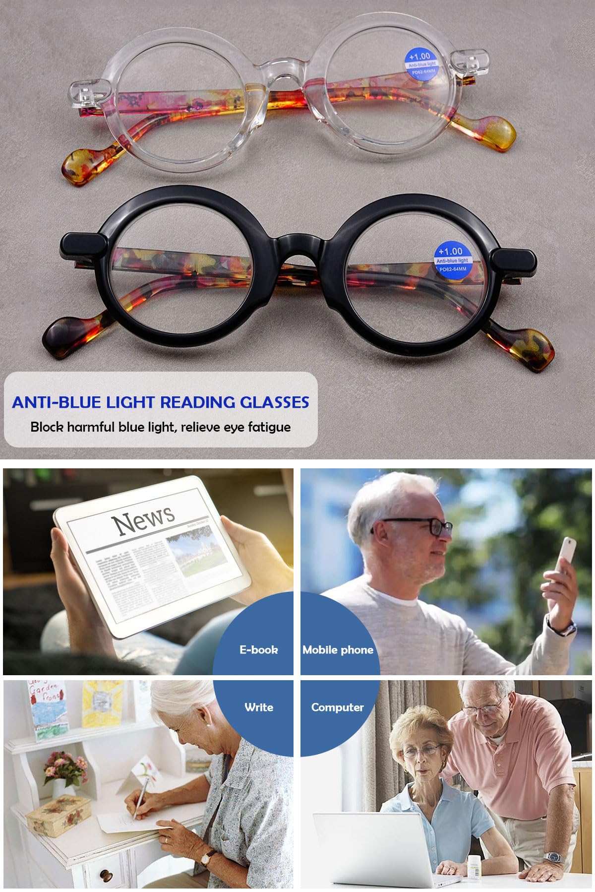 KOOSUFA Mode Anti Blaulicht Lesebrille Rund Klein Damen Herren Retro Bunt Lesehilfen Sehhilfe Anti Müdigkeit Brille 1.0 1.5 2.0 2.5 3.0 3.5 4.0