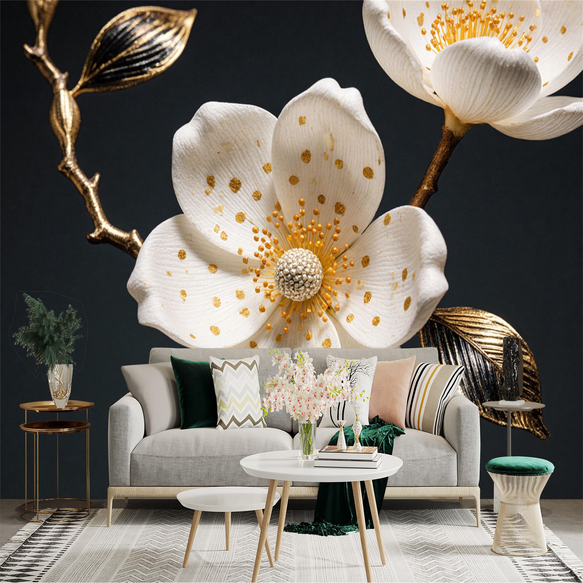 Custom Size Wall Sticker Mural， Elegant White Blossoms with Golden Speckles， Botanical Art with Metallic Branches， for wall Decoration， peelandstick wall Decals.