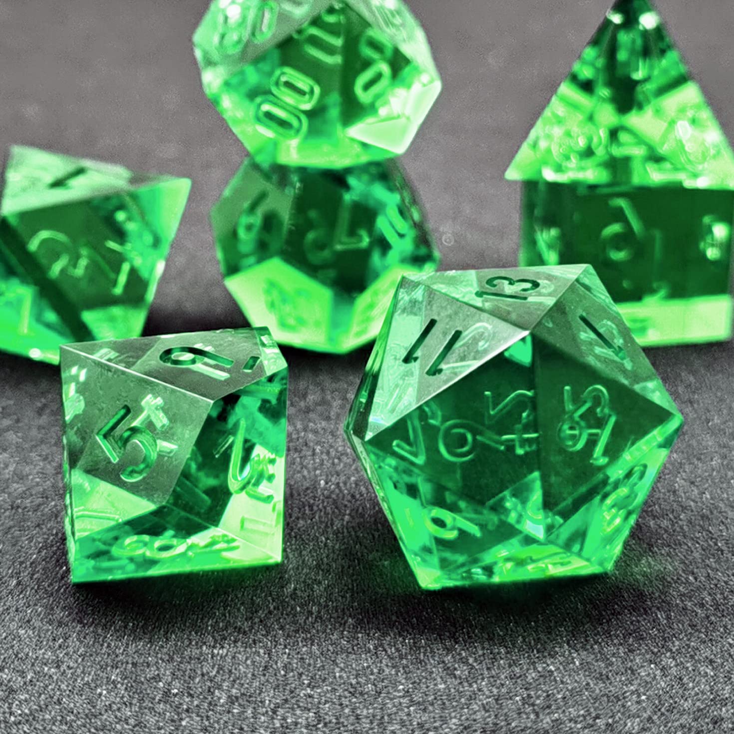 Bescon Crystal Clear (Unpainted) Sharp Edge DND Dice Set of 7, Razor Edged Polyhedral D&D Dice Set for Dungeons and Dragons Role Playing Games, Emerald Color - Image 3