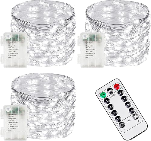 Miniatura 18 de Paquete de 4 luces de hadas que funcionan con pilas con temporizador de control remoto, tira de luces LED para decoración de interiores