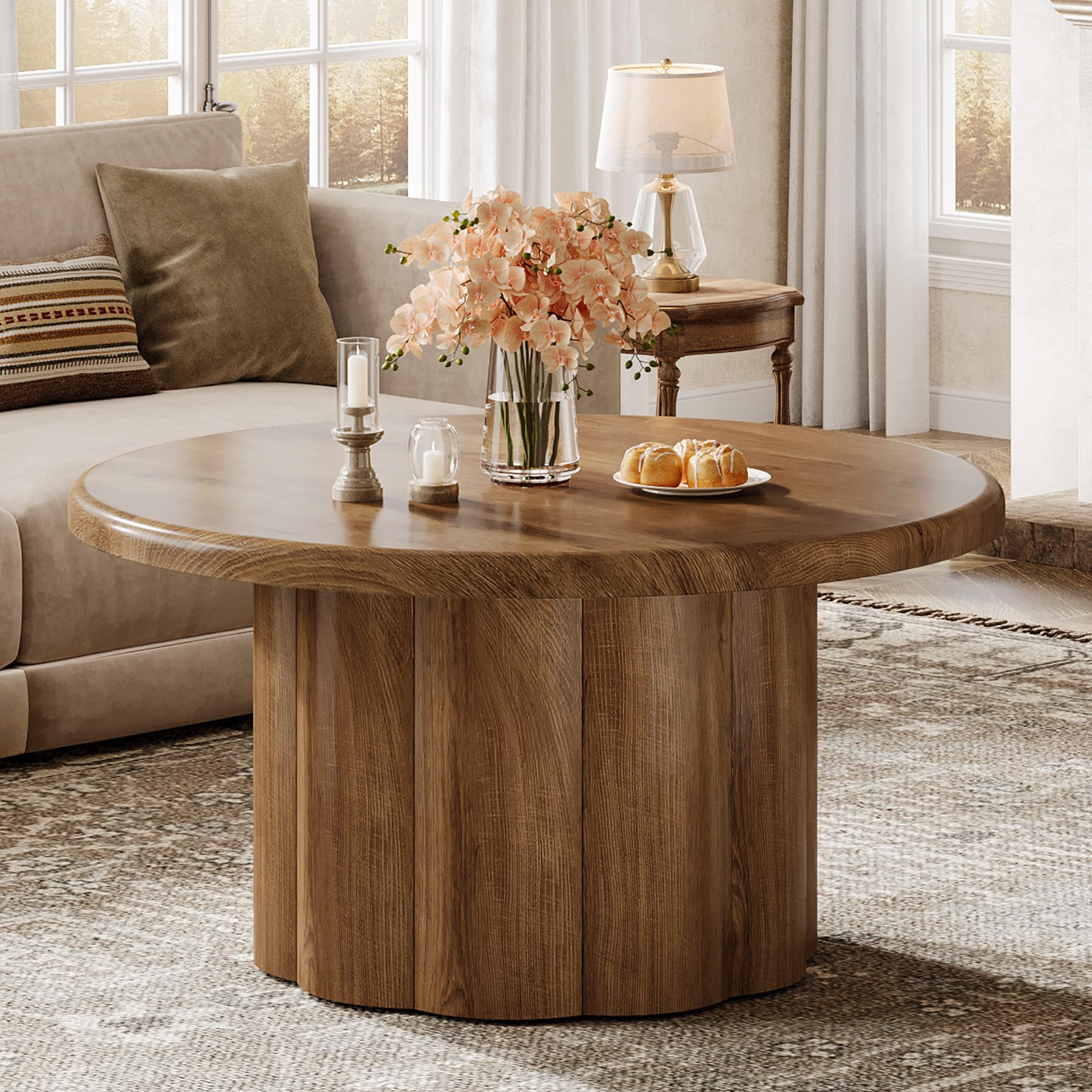 Tribesigns Tavolino Rotondo in Legno 80 cm – Design Moderno con Base a Tamburo Scanalato – Tavolo da Caffè in MDF Resistente per Soggiorno, Casa, Ufficio – Marrone