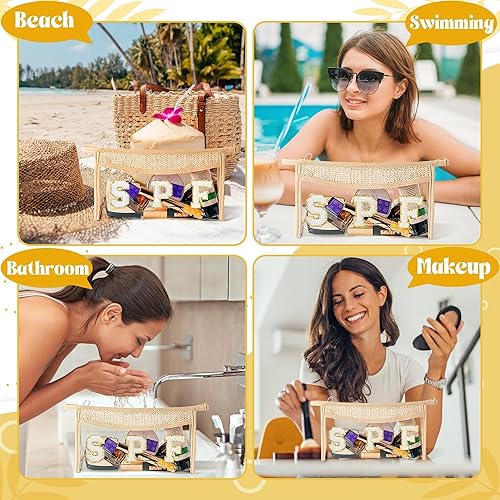 Miniatura 5 de Bolsa de cosméticos con parches bohemios, regalo de verano, SPF, chenilla, kit de aseo con letras universitarias, color beige, transparente,