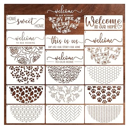 17 Pieces Welcome Stencils for Painting on Wood, Leopard Print Flower Leaf Stencils Honeycomb Dog Paw Brick Rose Template Stencils for Crafts Door Hanger Wood Sign Canvas Wall (17 Half)