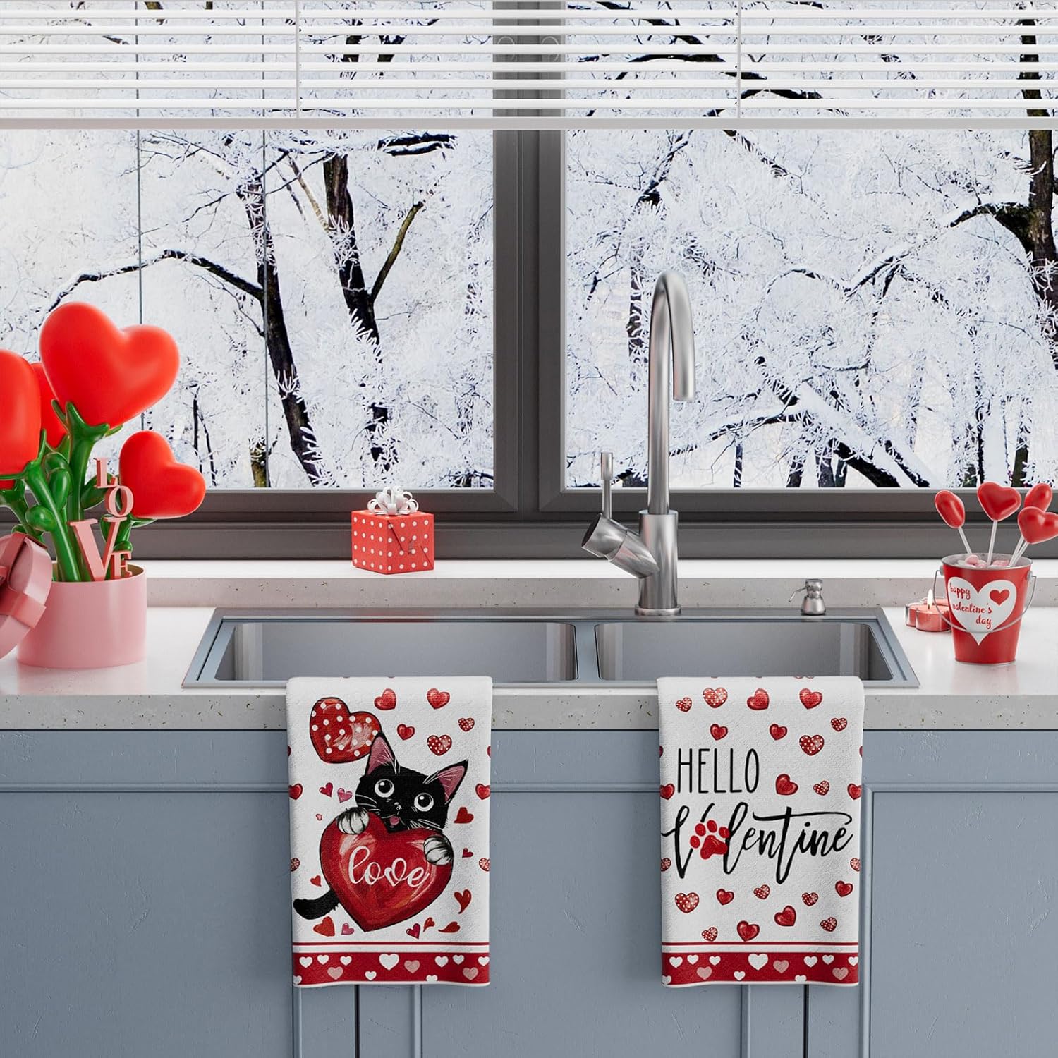 XCHI Love Hearts Cat Hello Valentine's Day Kitchen Towels Dish Towels 18x26 Inch Home Kitchen Decorations Hand Towels Set of 2 Drying Dishcloth - Image 5