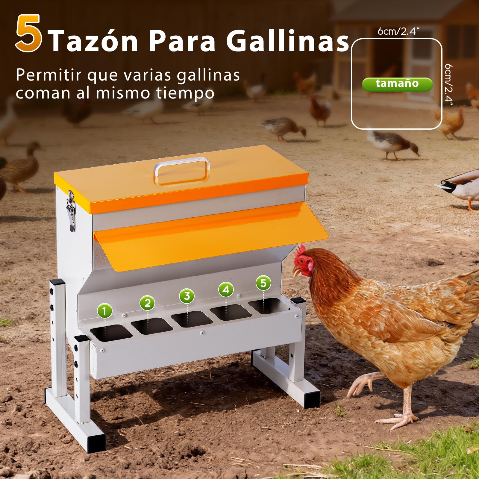 Comedero Automático de Gallinas de Metal de 16 L con Patas, Colgante, Firme | Distribuidor Automático de Alimento para Pollos, Aves de Corral y Patos, 5 Tazones de Pollo, Fácil de Montar y Limpiar