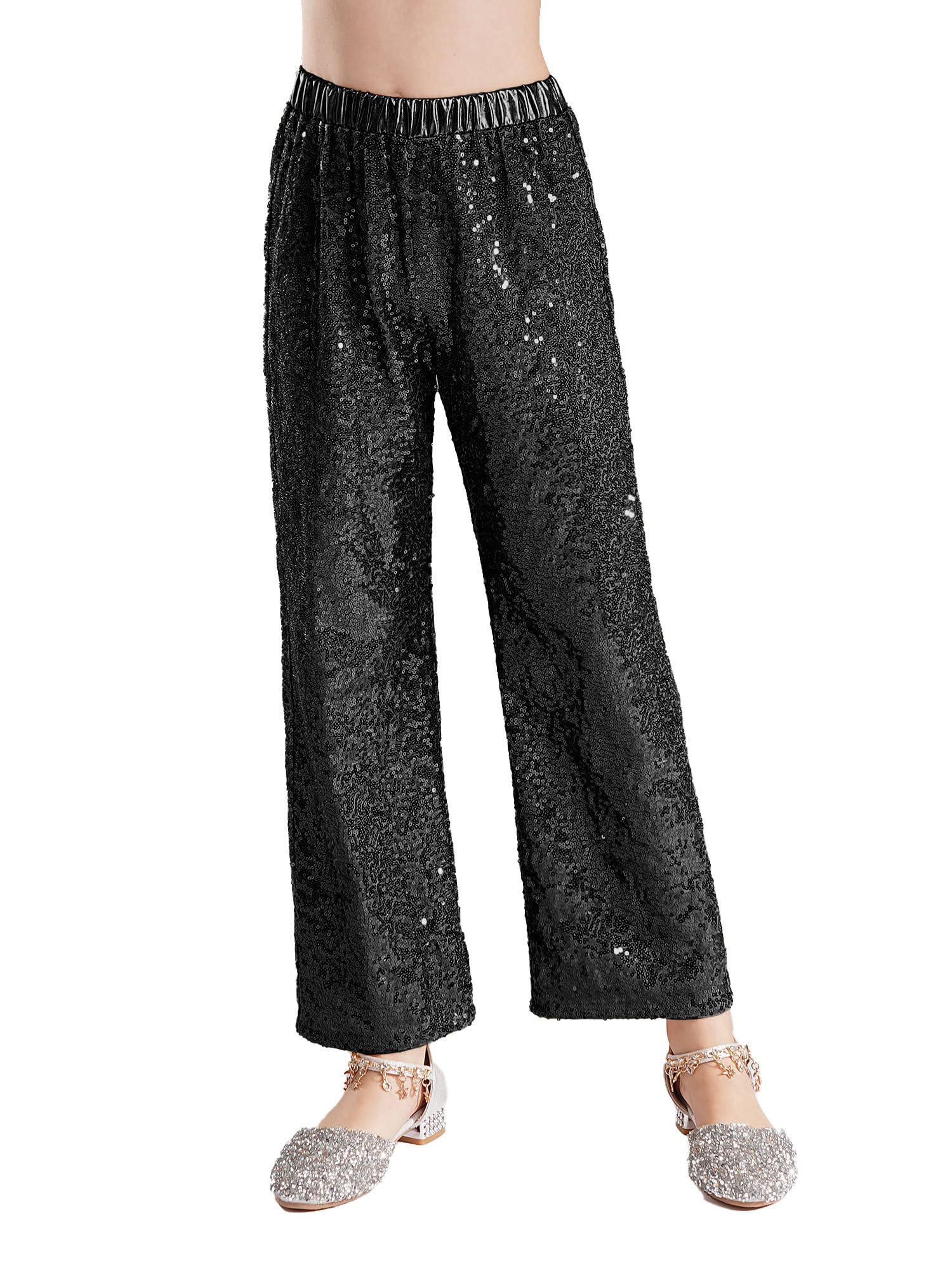 MSemis Bambina Pantaloni di Paillettes Glitter Pantaloni Lunghi da Ballo Latino Tango Danza Moderna Jazz Ragazza Pantaloni da Ballo di Strada Hip Hop Discoteca Dancewear