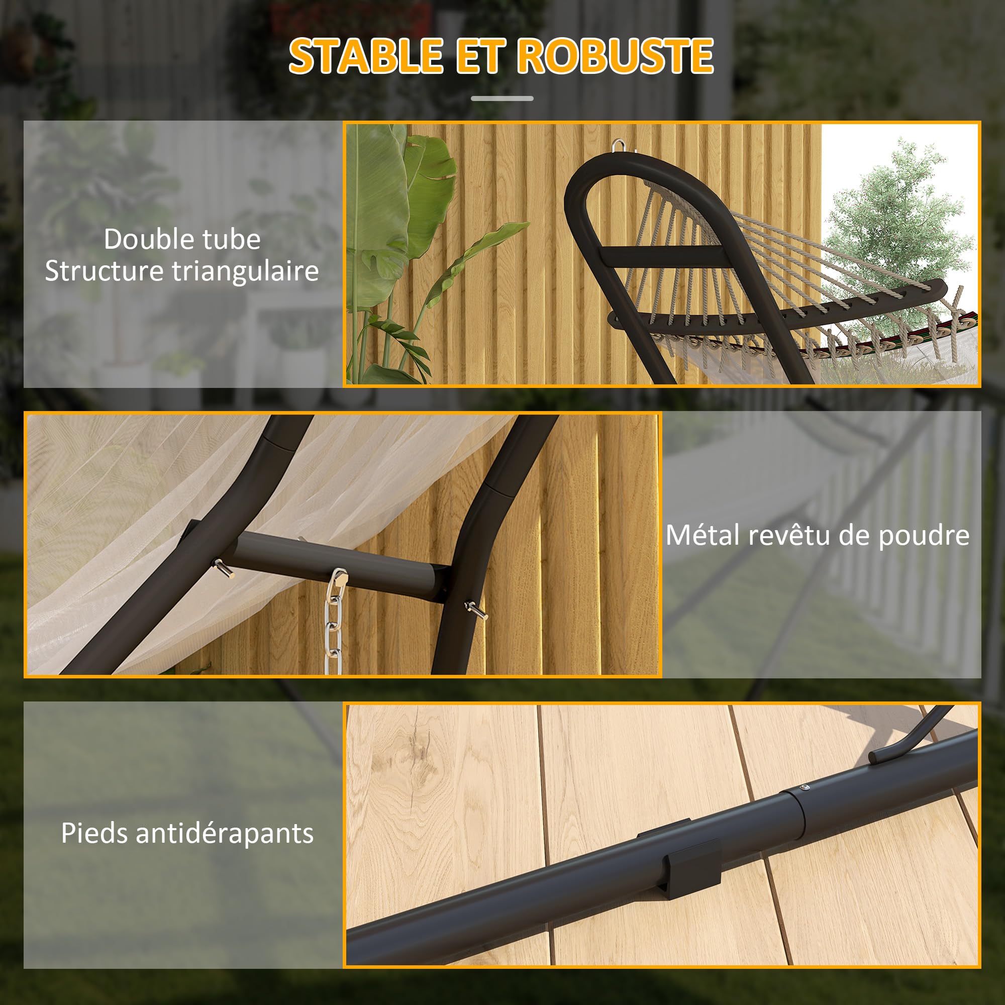 Outsunny Support de Hamac pour 2-3 Personnes, Cadre en Acier Réglable et Portable, Résistant aux Intempéries, Adapté aux Balancelles de 2,75 à 4 m, Capacité Maximale 150 kg, Noir
