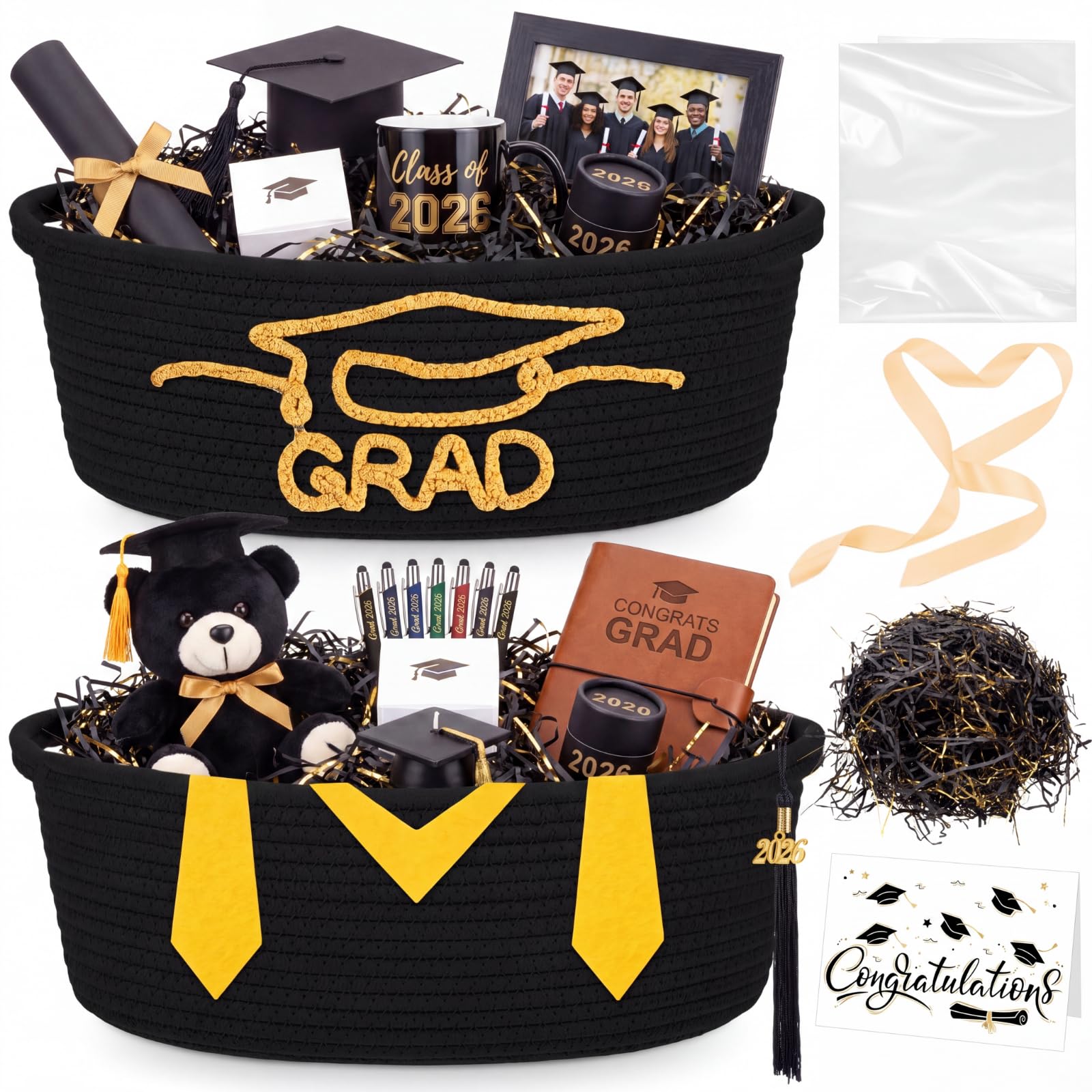 Colingmill 2 Pack 2026 Graduation Empty Gift Basket 14''x10''x5.5'' Woven Rope Basket Empty to Fill with Bag, Ribbon, Card, Tassel, DIY Congrat Gift for Class of 2026 Nurses Week