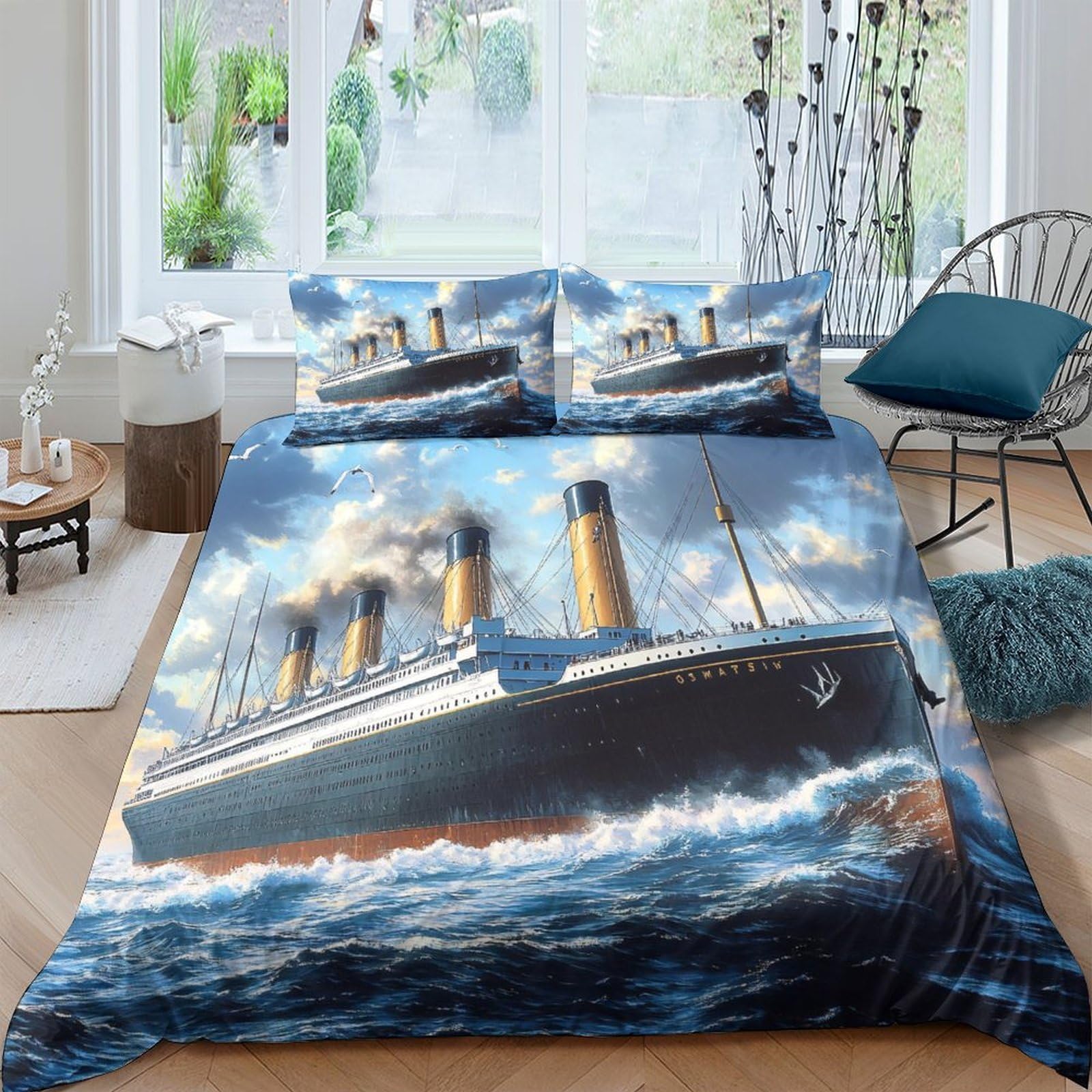 TUFRTGYHN 3D Printed Titanic Ocean Duvet Cover Microfiber Bedding Set with 2 Pillowcases Blue Ship Bedroom Decor Gift Single（135x200cm）