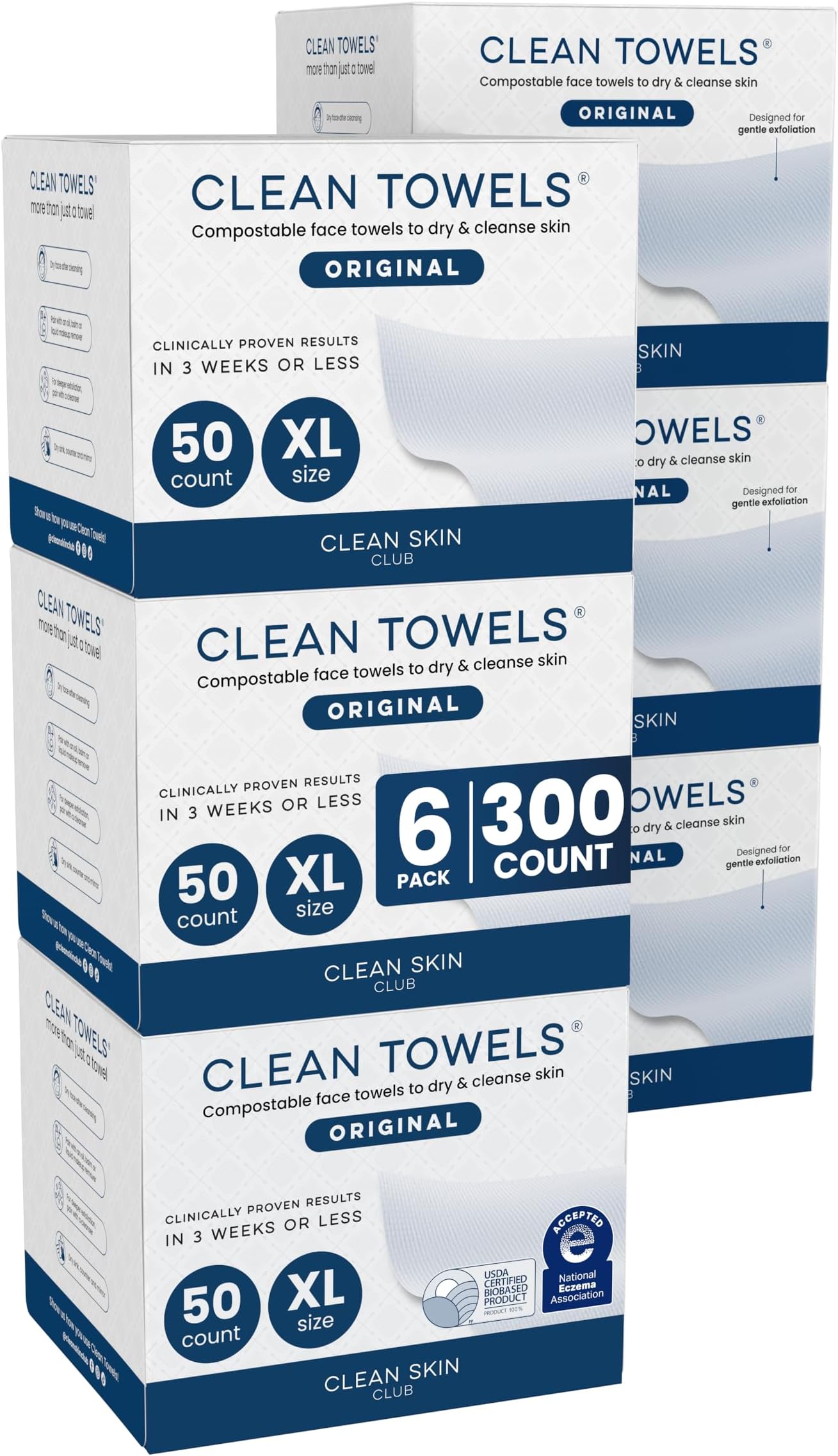 Clean Skin Club Clean Towels XL®, 100% USDA Biobased Face Towel, Disposable Face Towelette, Eczema Association Accepted, Makeup Remover Dry Wipes, Ultra Soft, 50 ct per pack, 6 Packs, 300 Ct Total
