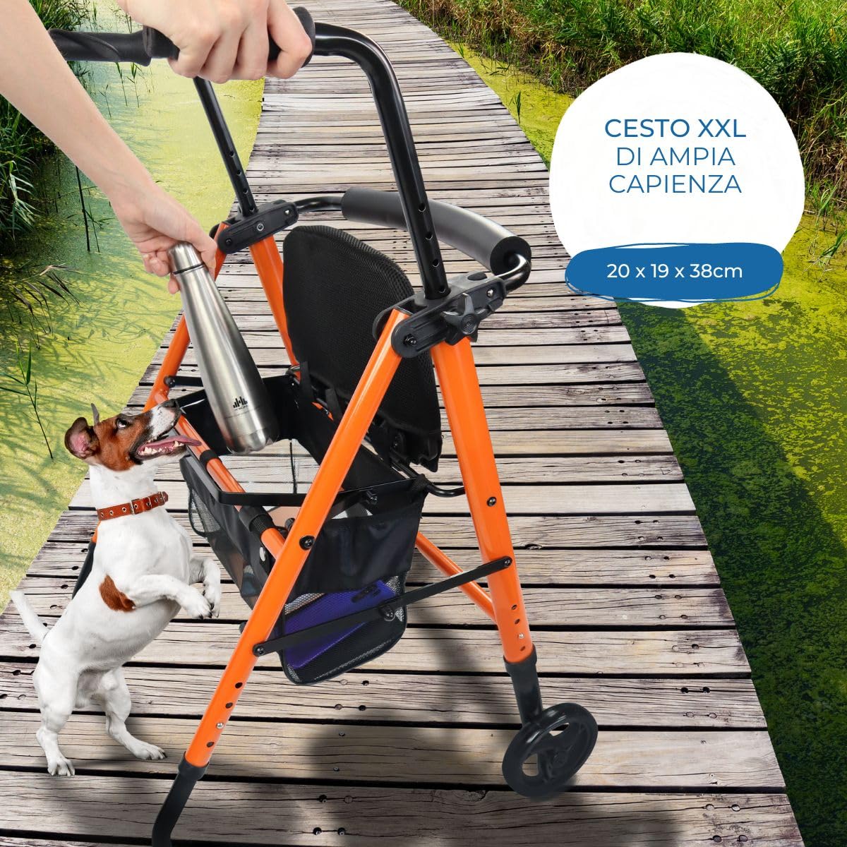 Mobiclinic®, Deambulatore per anziani, Nerón, Marchio europeo, Adulti o disabili, In acciaio, Leggero, Pieghevole, Con seduta, Cestino e 2 ruote, Colore arancione