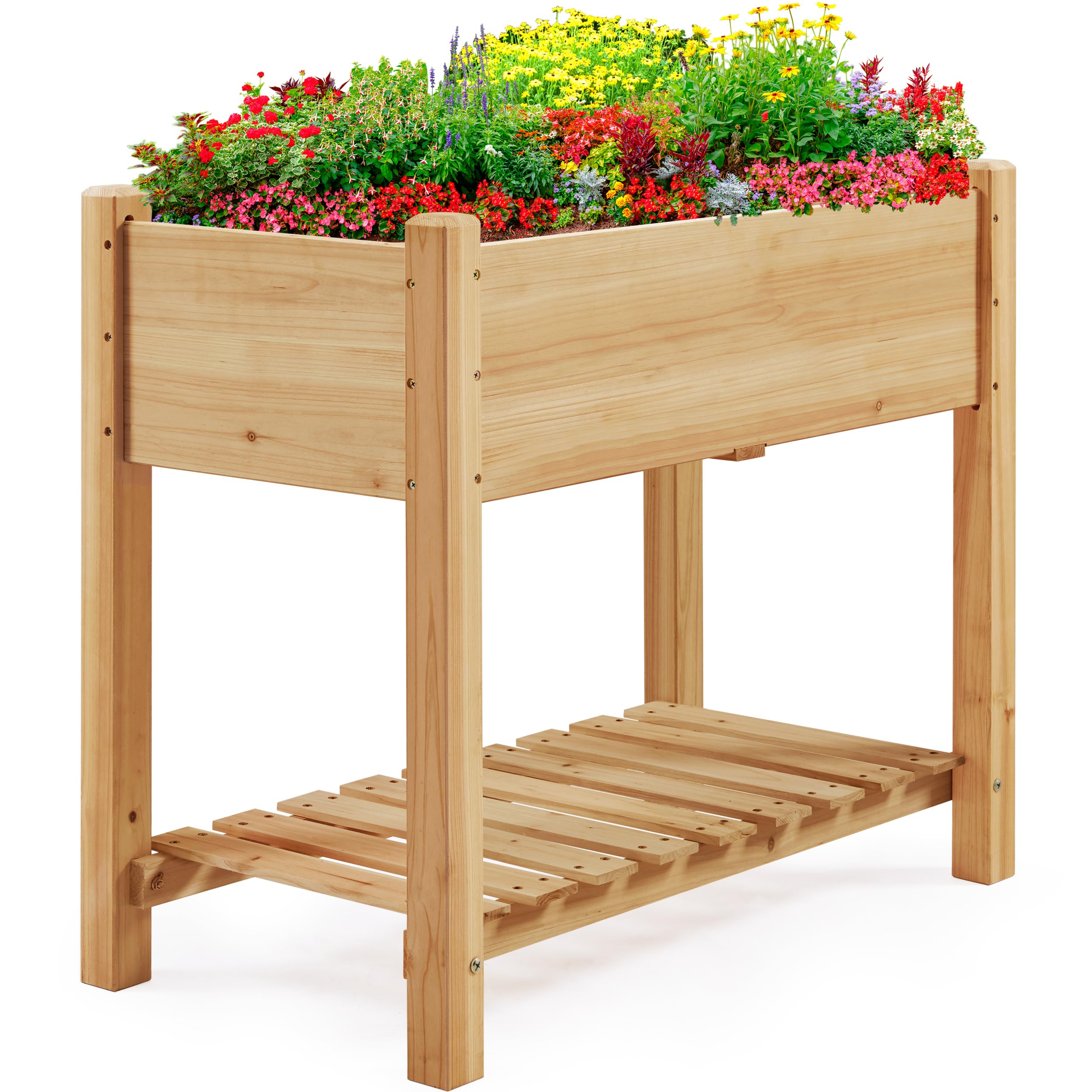 Yaheetech 34x18x30in Horticulture Raised Garden Bed Planter Box with Legs & Storage Shelf Wooden Elevated Vegetable Growing Bed for Flowers, Plants, Backyard, Patio, Balcony, Light Brown