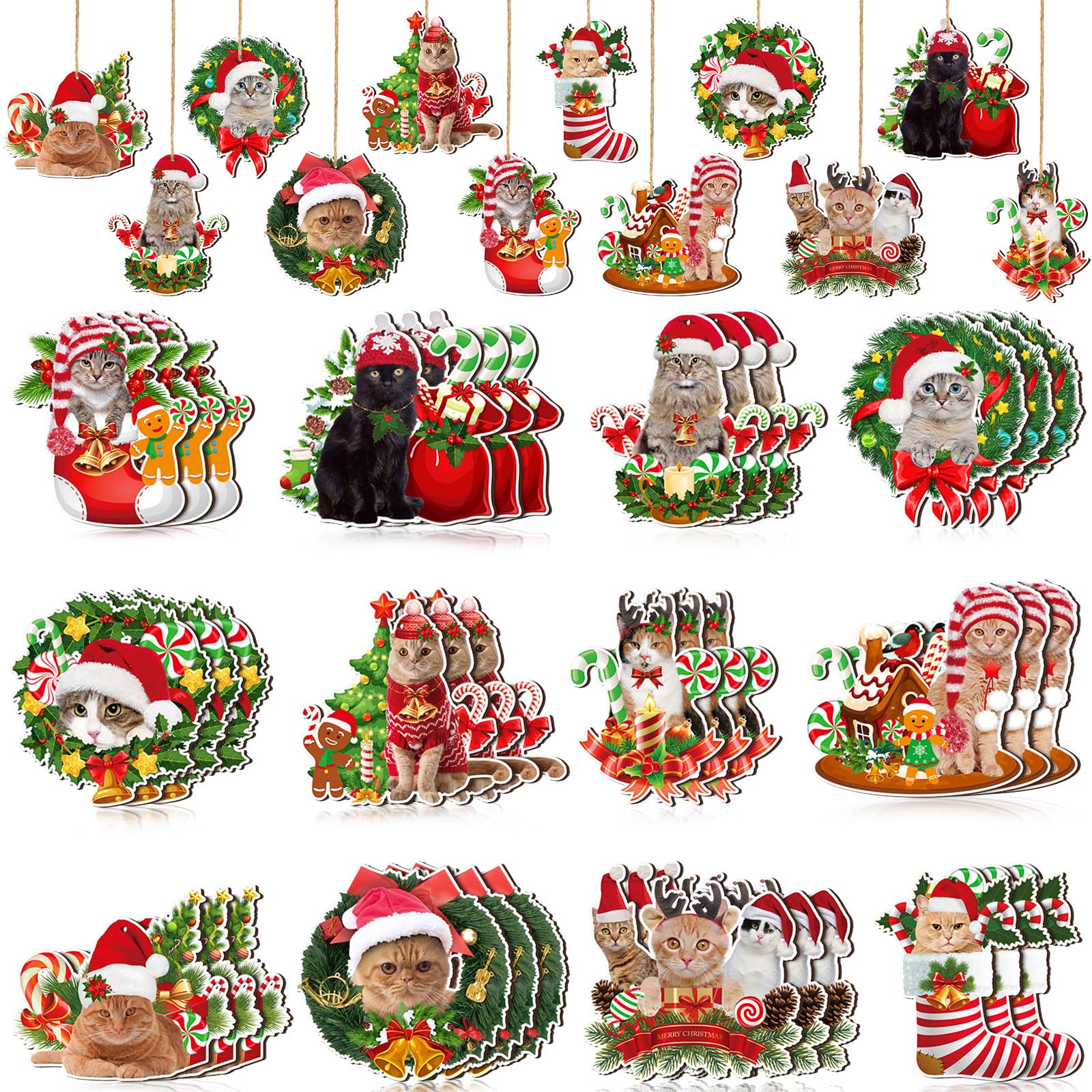 Décorations de Noël chat pour sapin : kit de 36 ornements mignons en bois de fête Qunclay