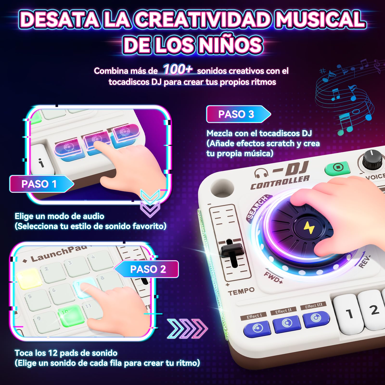 Mesa de mezclas DJ para niños, controlador DJ, mesa DJ, DJ mixer con función de grabación, 100+ efectos de sonido, plato DJ realista y pads de batería, regalo para niños y niñas 3-11 años, Blanco