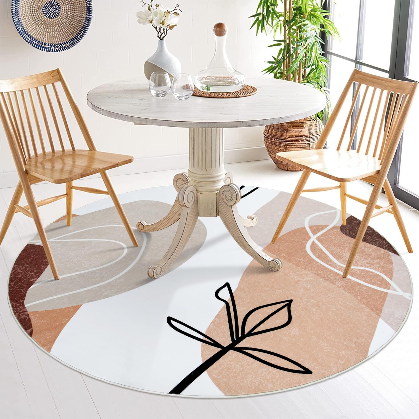 Wonnitar Washable 5 ft Round Rug,Modern Abstract Bedroom Area Rug Boho Art Nursery Throw Mat,Non-Slip Soft Circle Bathroom Mat,Non-Shedding Floor Carpet for Kitchen Entry Laundry,Reddish Brown