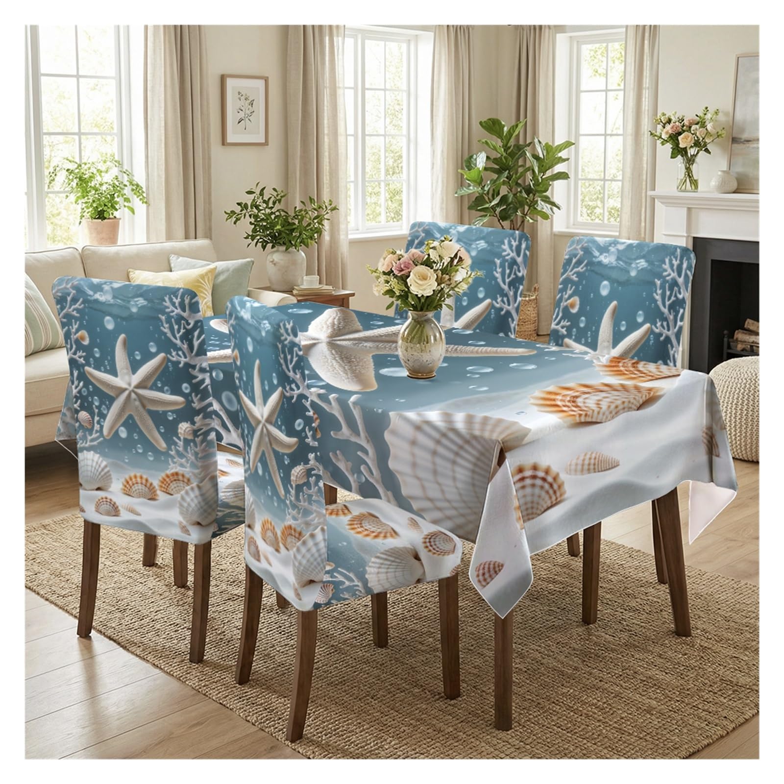 KXUAUV Ocean Starfish Seashell Dining Tablecloth & Chair Covers Set, 5/7 Piece Coastal Beach Nautical Home Decor Party Decor(5pcs Set: Tablecloth+Chair Covers)