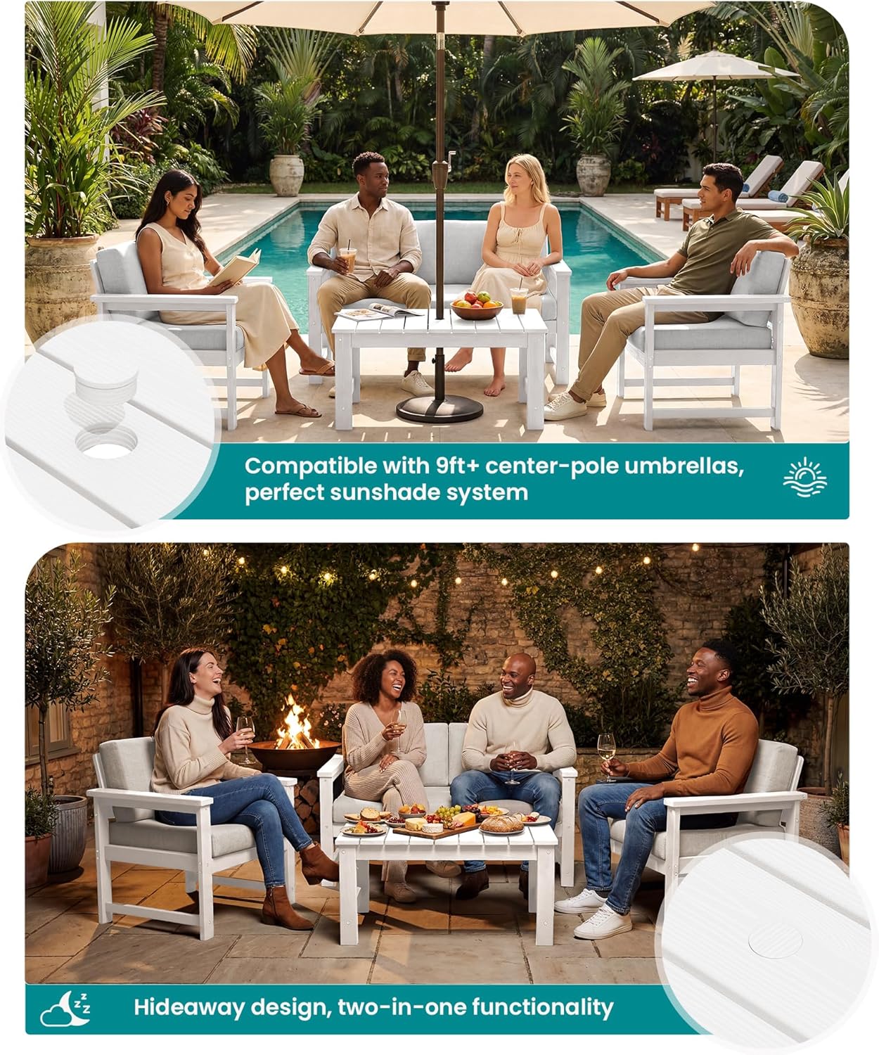SERWALL HDPE Outdoor Loveseat with Cushions, All Weather Use Outdoor Loveseat Sofa, White Frame/Khaki Cushion