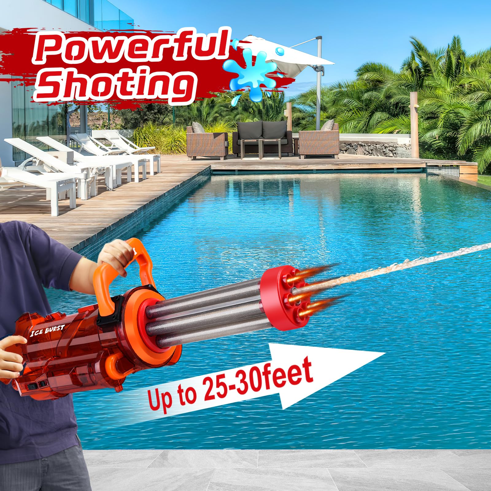 Most Powerful Gatling Submachine Electric Water Gun with 3000ml Backpack Tank, High Powered Automatic Squirt Guns for Adults,Water Blaster Summer Pool Toys for Kids Ages 8+(Orange)