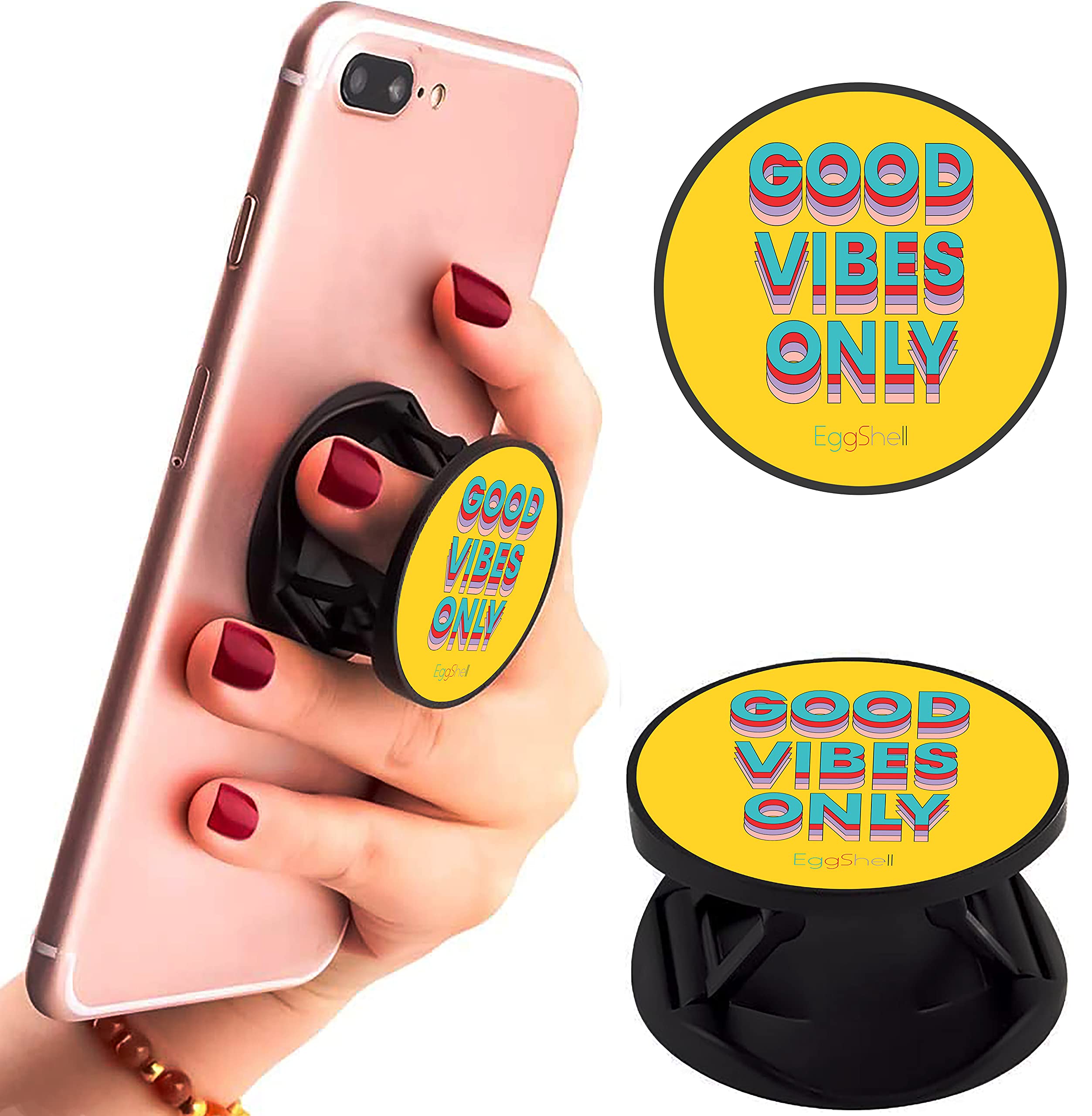 EggShell Mobile Finger Grip & Stand for Phones, Tablets, Finger Selfie Holder Matte Finish Socket 360 Degree Rotating Expanding Square Mobile Socket Grips for Smartphones (Yellow Artistic Good Vibes)-picture-12