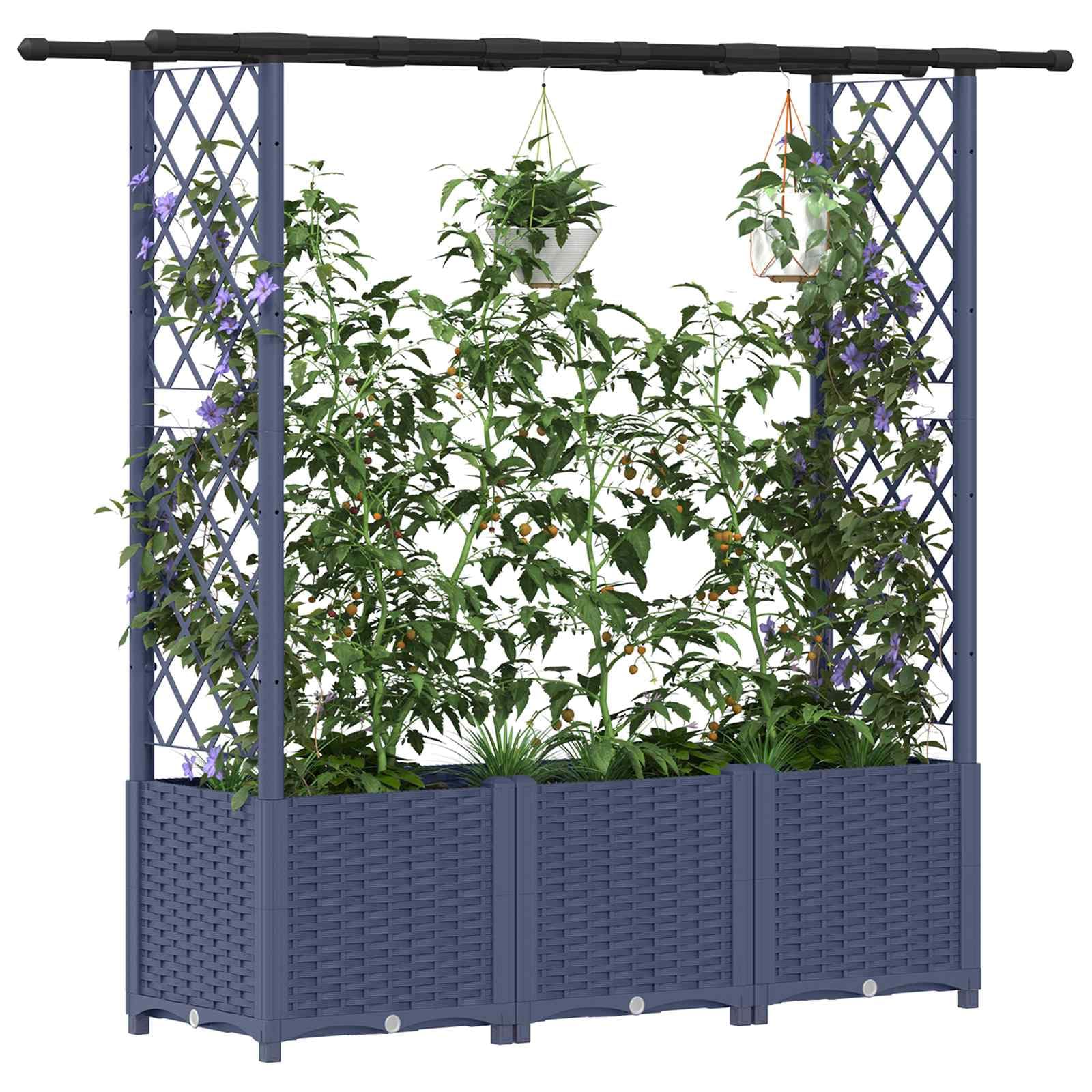 Podwyższona grządka z kratką dla roślin pnących i dachem, wykonana z polipropylenu, szara, 162,5 x 40 x 136 cm, na balkon, taras, do ogrodu, donica na zioła, warzywa i dekoracje