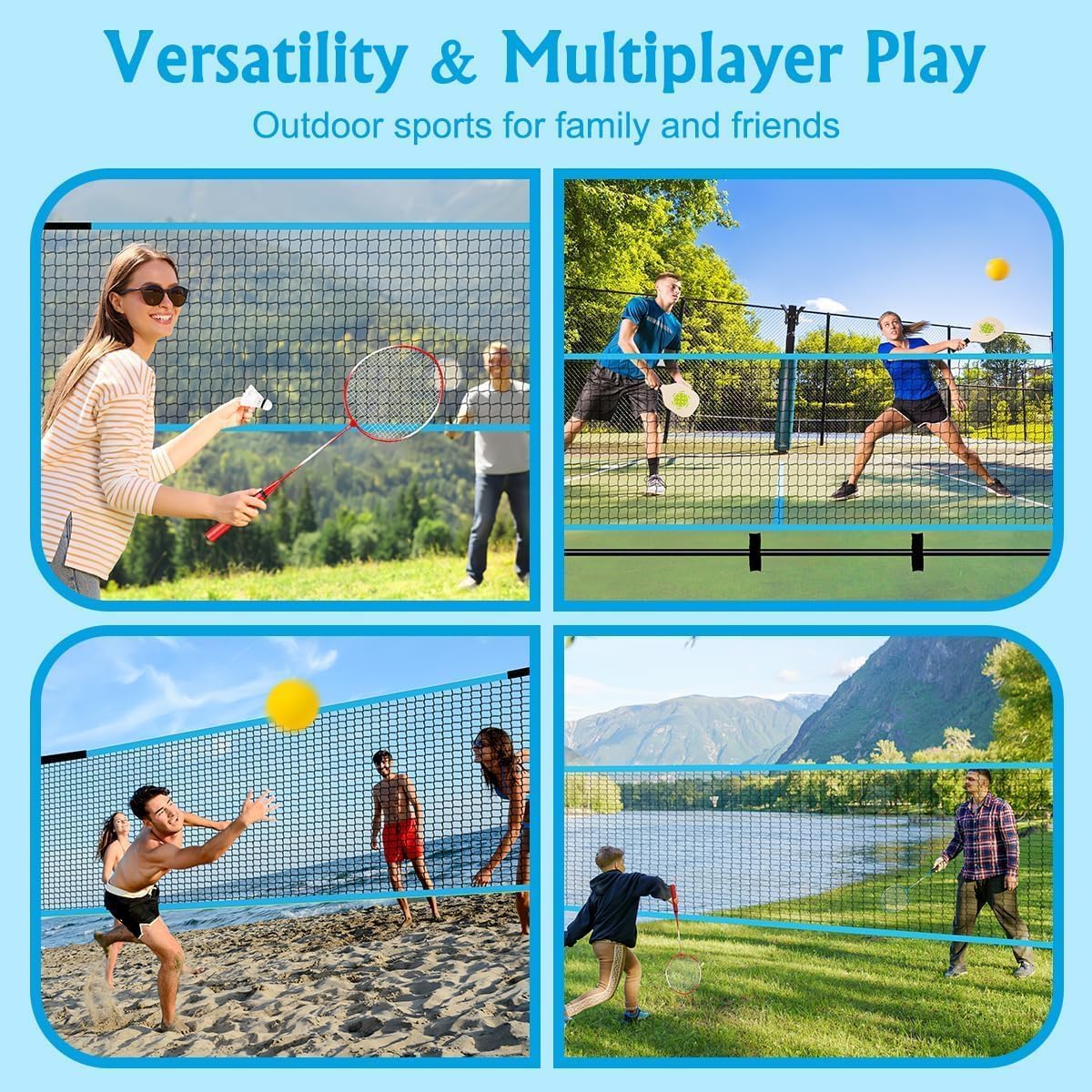 Siatka do badmintona, siatka do siatkówki ogrodowej, zestaw do pickleball z regulacją wysokości, przenośny zestaw do tenisa, piłki nożnej z kijami do siatkówki i rakietami do badmintona, do gry
