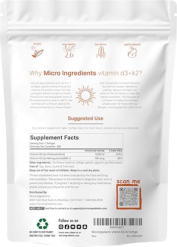 Miniatura 3 de Micro Ingredients Vitamina D3 5,000iu + K2 100mcg cápsulas blandas y L-teanina de 200 mg con glicinato de magnesio, paquete de 2 unidades  Vitaminas