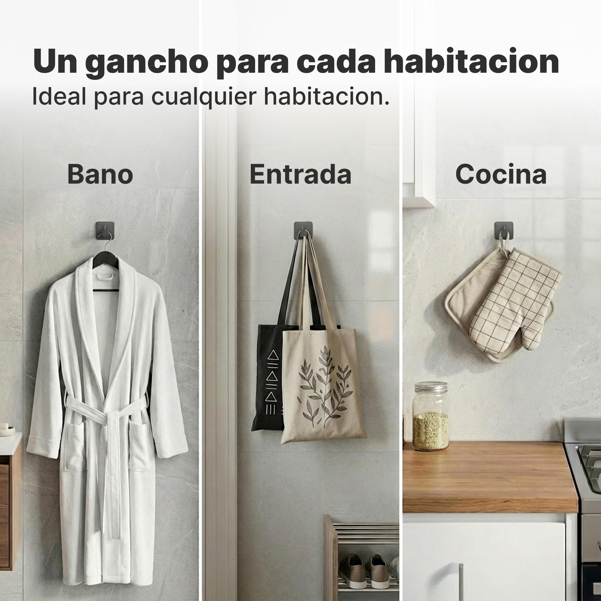 Minismus Ganchos Adhesivos para Pared, Colgadores Adhesivos Resistentes sin Taladro, Colgador Toalla Baño Cocina y Entrada, Ganchos para Colgar Objetos, Acero Inoxidable Negro, 6 Unidades — view 5