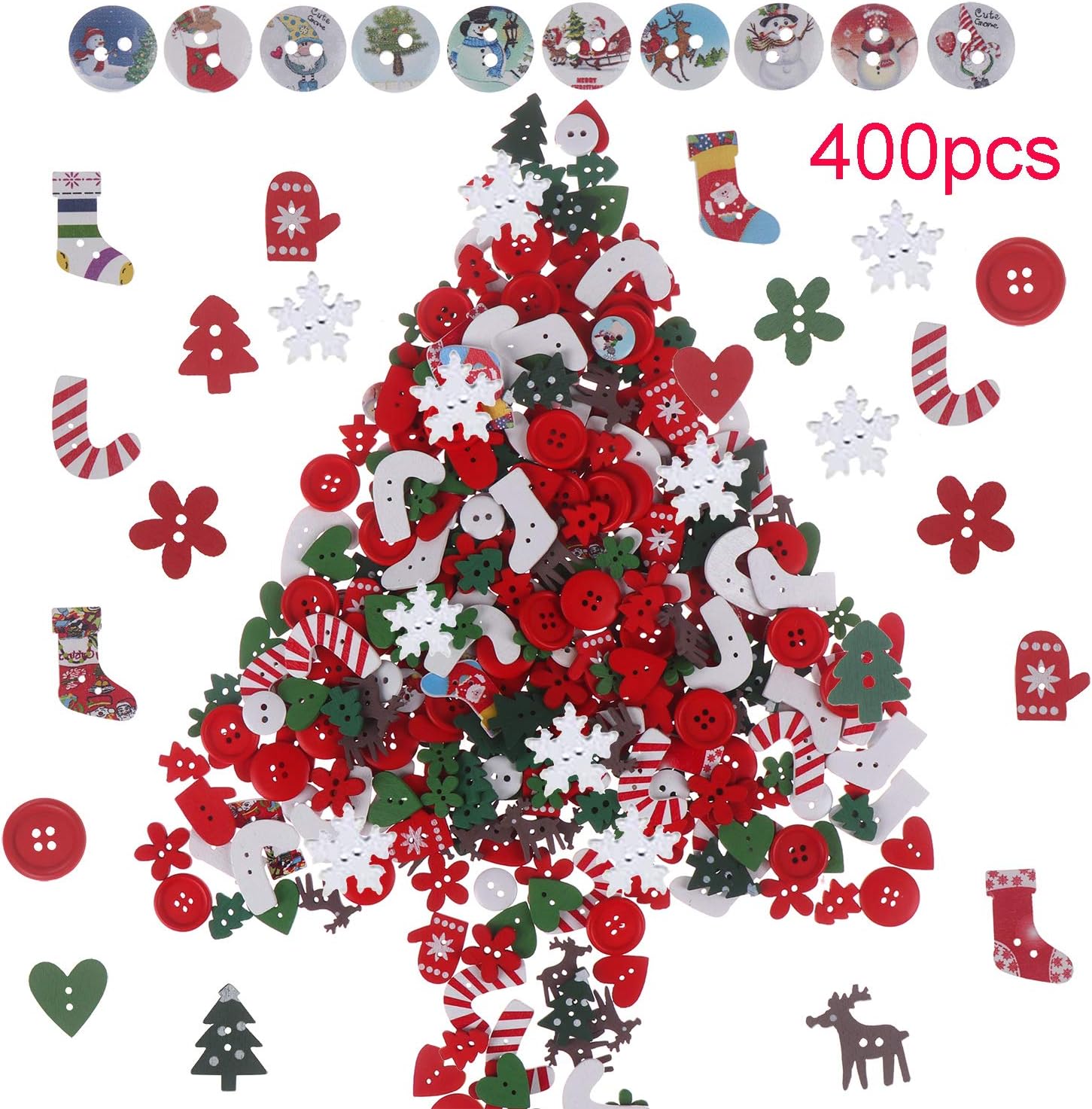 400 Pieces Christmas Wooden Buttons Mixed Wood Sewing Buttons with Christmas Pattern and Colors Art Craft Buttons for Handmade Project