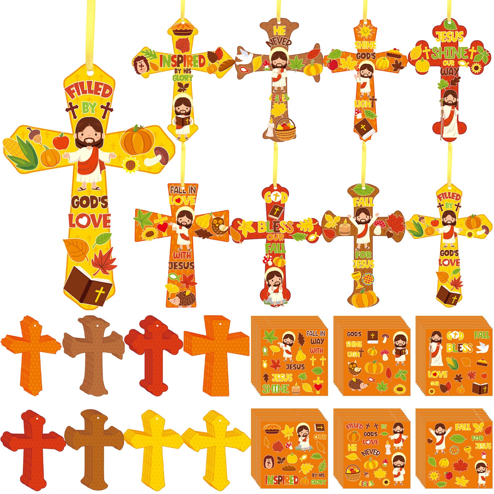 Watersay 48 Set Religious Fall Craft Kit DIY Christian Cross Crafts Sticker Make Your Own Jesus Ornament for Sunday School VBS Class Art Project Home