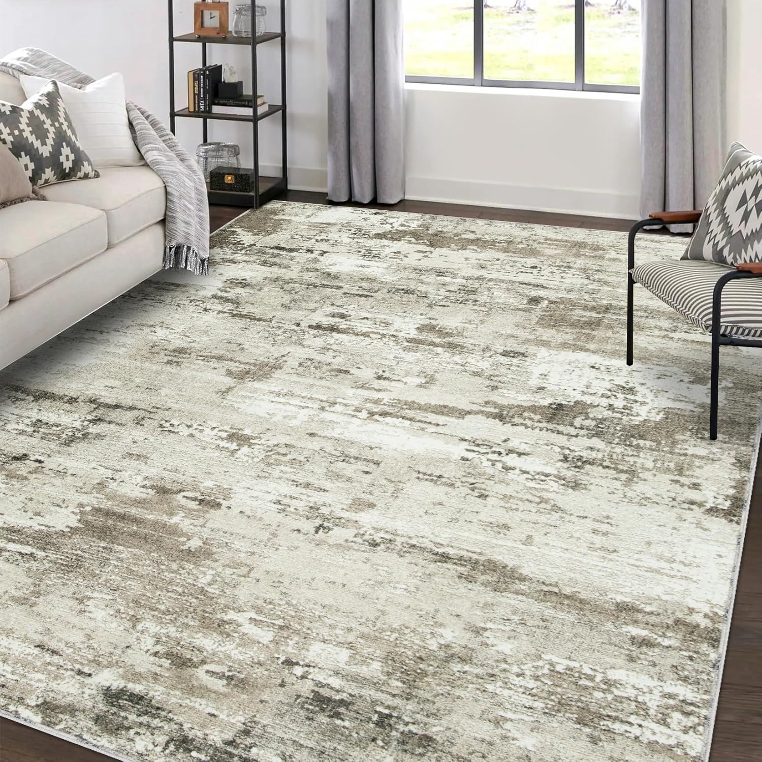 Area Rugs 9x12 Living Room: Large Soft Washable Rug Modern Abstract Anti-Skid Non-Shedding Carpet Indoor Floor Thin Carpets for Bedroom Dining Room Farmhouse Nursery Home Office Beige Brown Grey Beige Brown/Grey 9'x12'