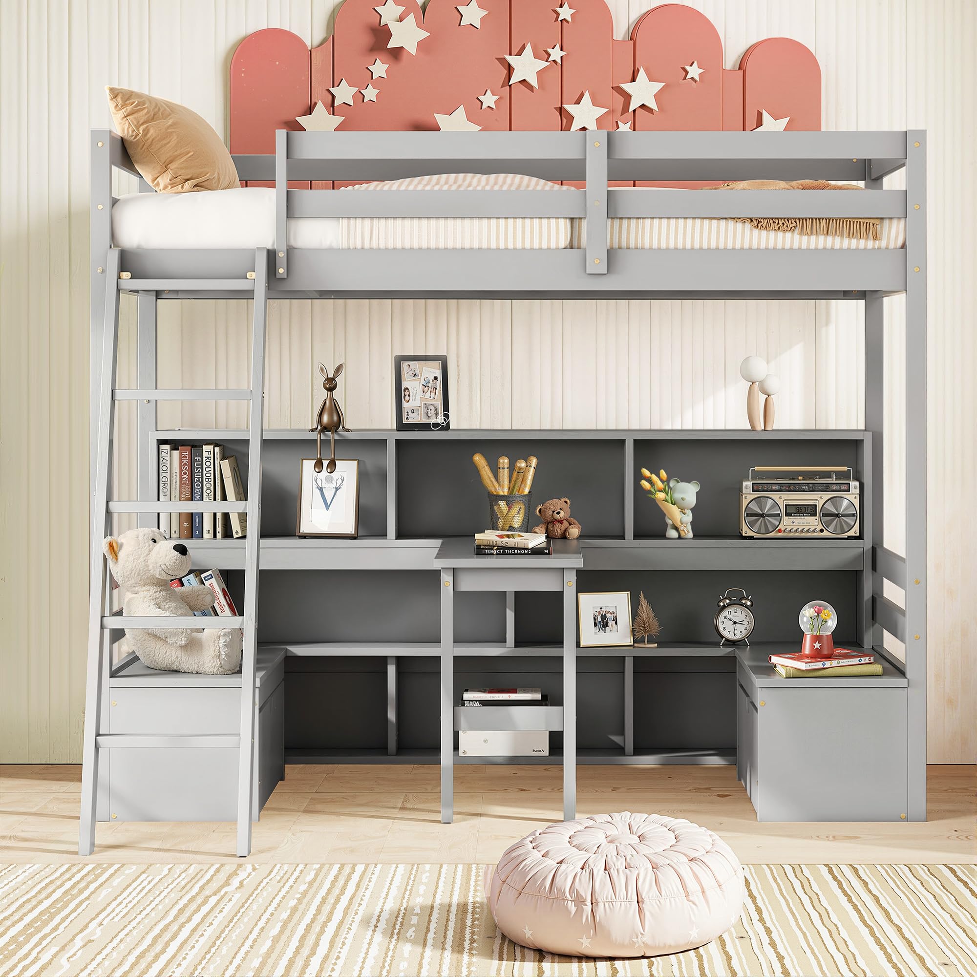 Okak Twin Size Loft Bed, Toddler Kids Loft Bed with Desk and Storage, Wood Beds Frames with Shelves, Drawers, Seat for Girls or Boys Room, Gray/Grey
