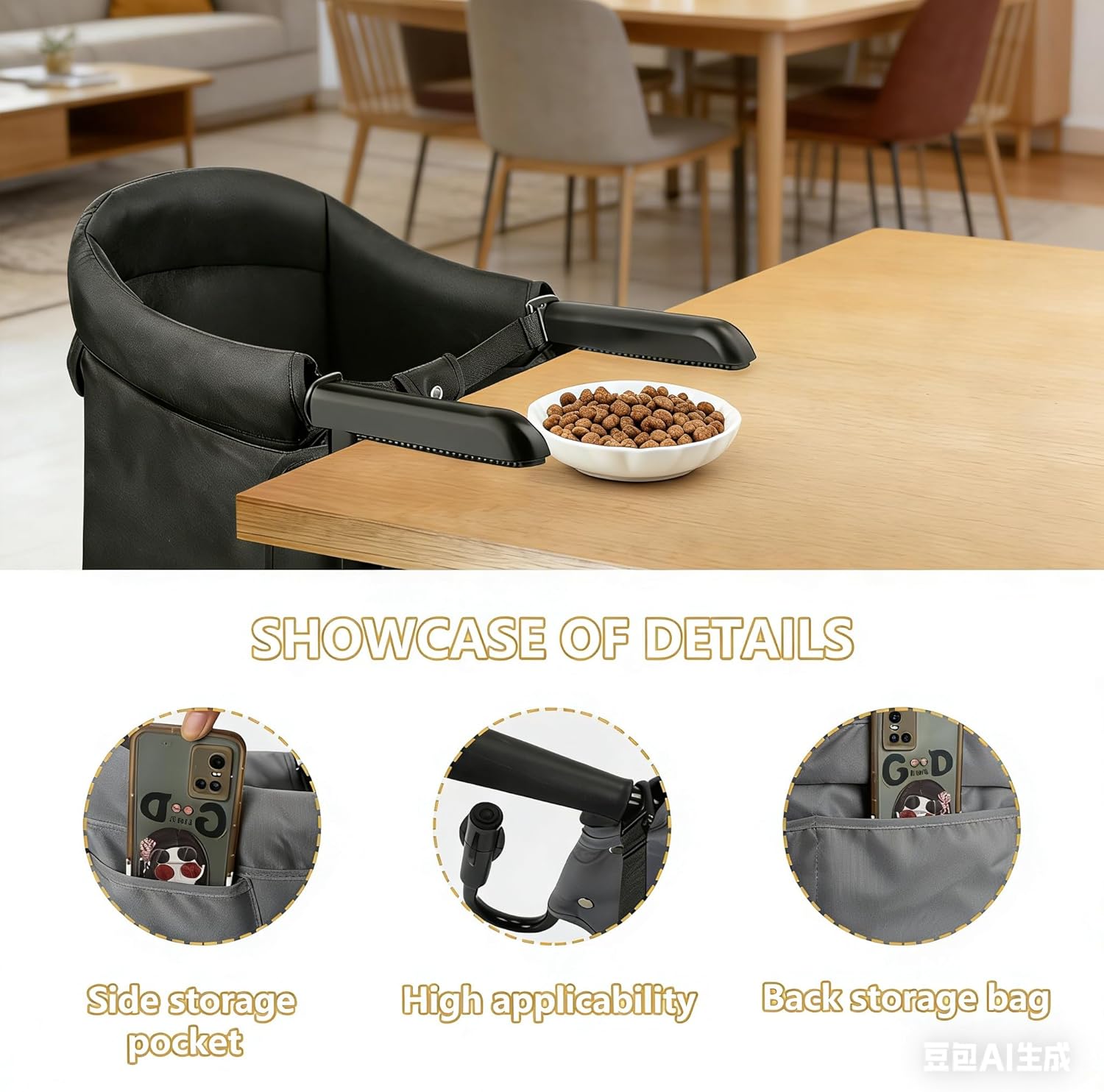 Dog & Cat Table High Chair, Adjustable Pet Booster Seat for Feeding & Desk Use, Secure Seatmate Chair for Small Pets, Office & Dining Table Perch, Black