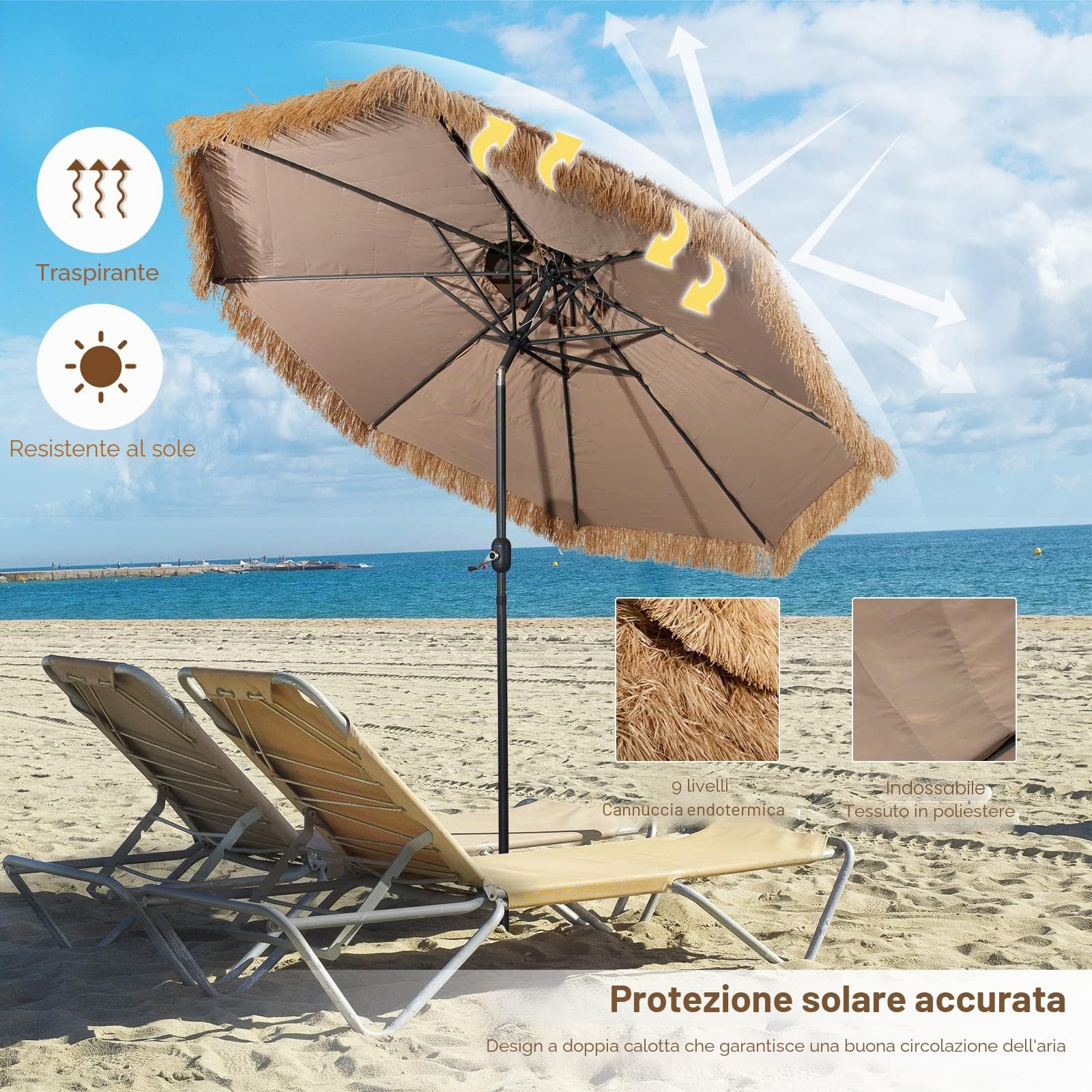 KOMFOTTEU Ombrellone Spiaggia in Paglia Hawaiano Pieghevole 300 cm | Parasole da Spiaggia con Doppio Tetto, Ombrellone per Giardino, Balcone, Giallo-Marrone, senza Base