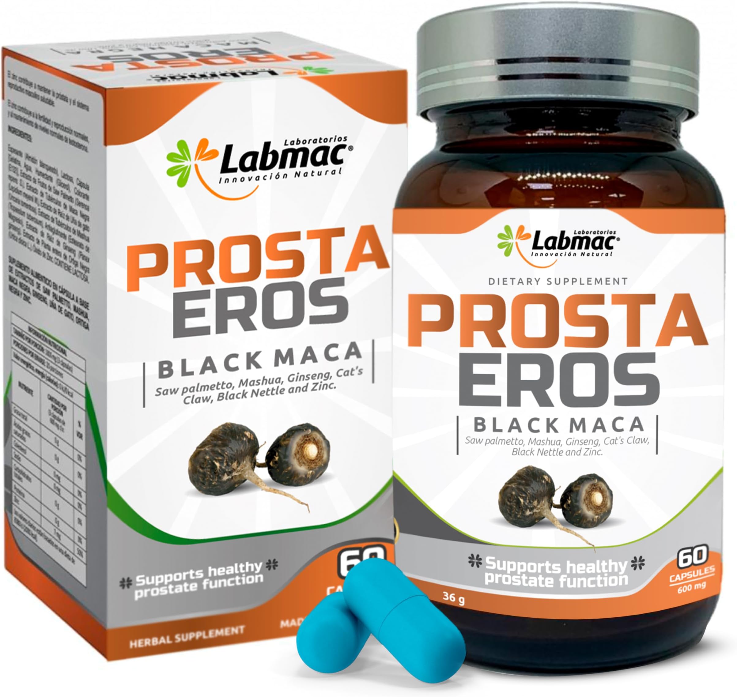 ProstaEros- Prostate Support Supplement - 7 Natural Ingredients- Black Maca, Saw Palmetto, Mashua, Cat's Claw, Gingseg, Black Nettle and Zinc. Capsules 60 Count (Pack of 1)