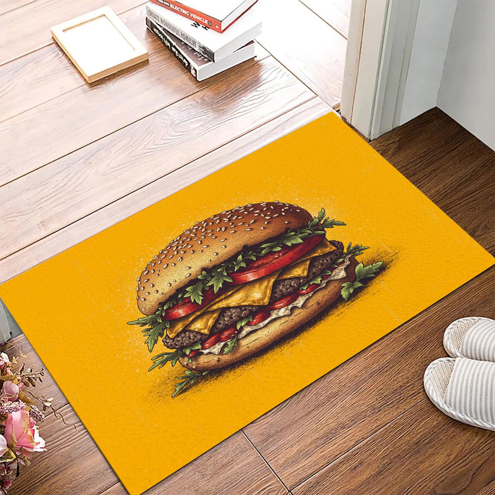 Paillasson retro jaune burgers pour une cuisine conviviale, tapis entree de style original