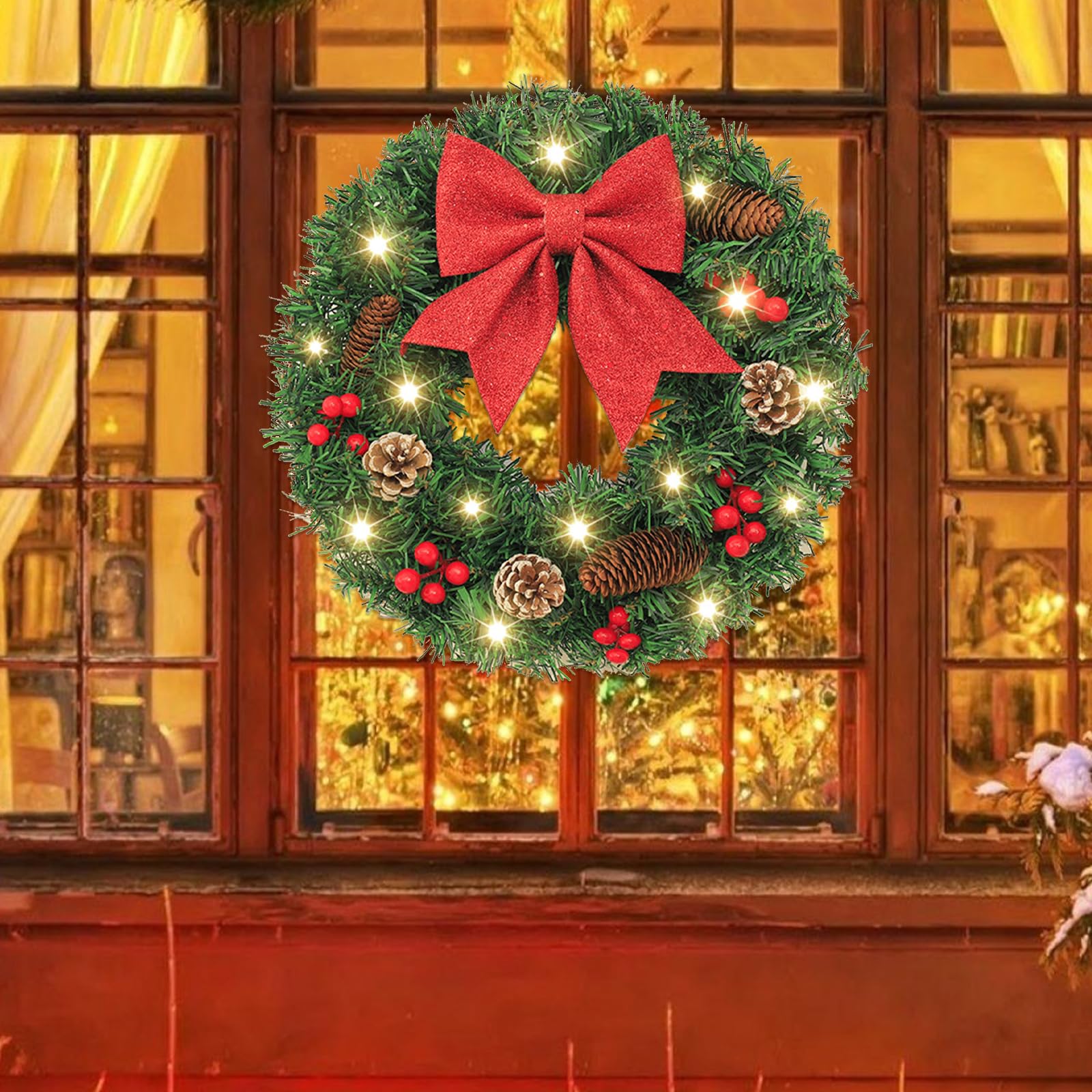 MOTUZP Couronne de Noël Artificielle de 20 Pouces pour Porte D'entrée, Couronne de Noël Artificielle avec Lumières LED, Décorations de Noël pour l'hiver, la Maison, L'intérieur (avec