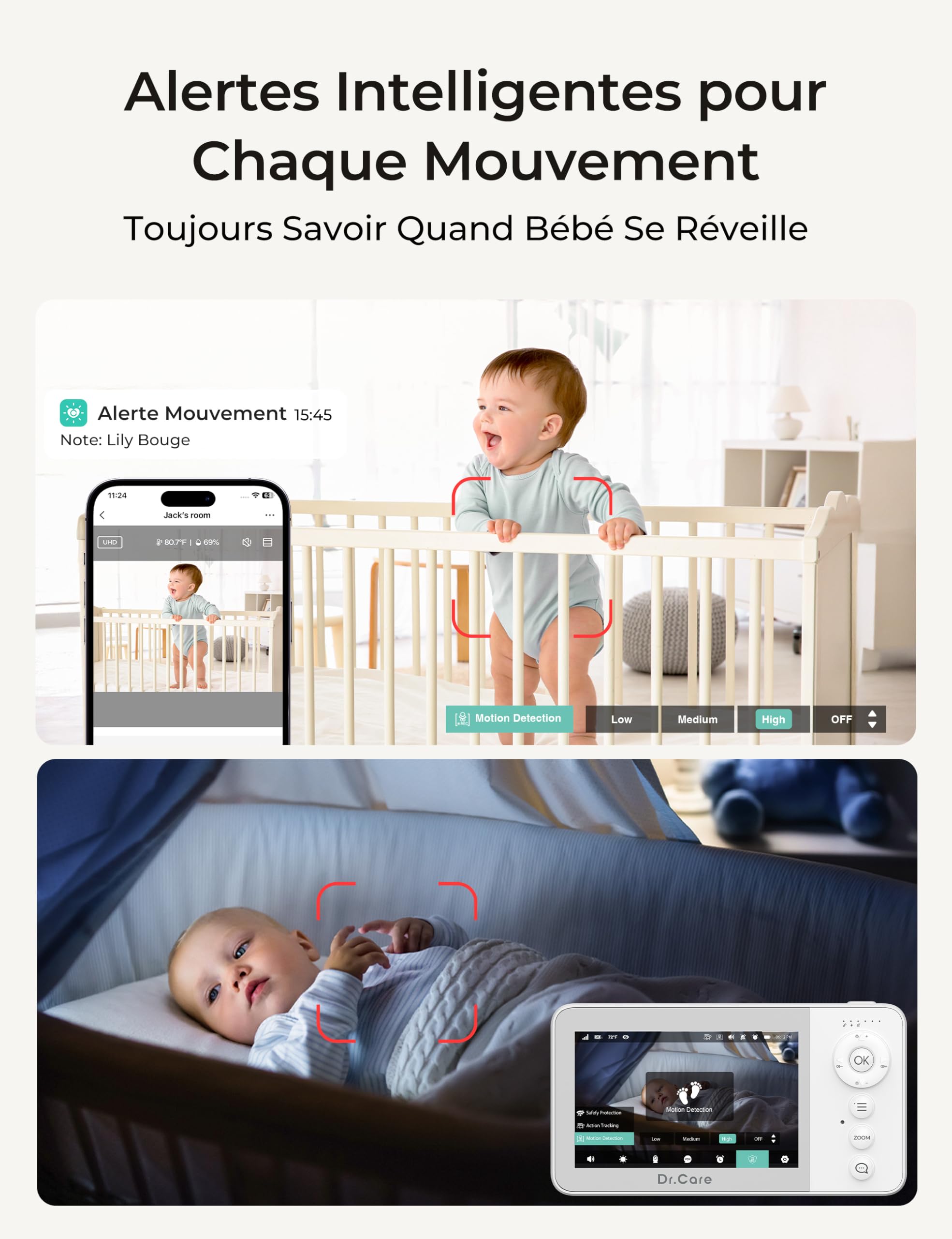 Dr.Care Babyphone Camera et APP, 1080P Camera Bebe, 4" 720P Écran Divisé, Alertes de Mouvement, Vision Nocturne HD, Parler à Deux, Multi-utilisateur, Triple Sécurité, VistaView Lite RB Smart WLAN